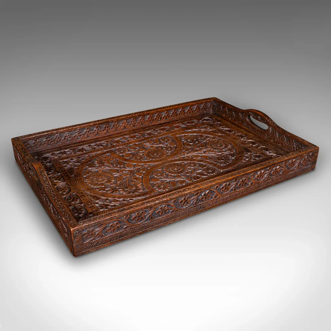 Antique Carved Serving Tray, Anglo-Indian, Teak Afternoon Tea Platter