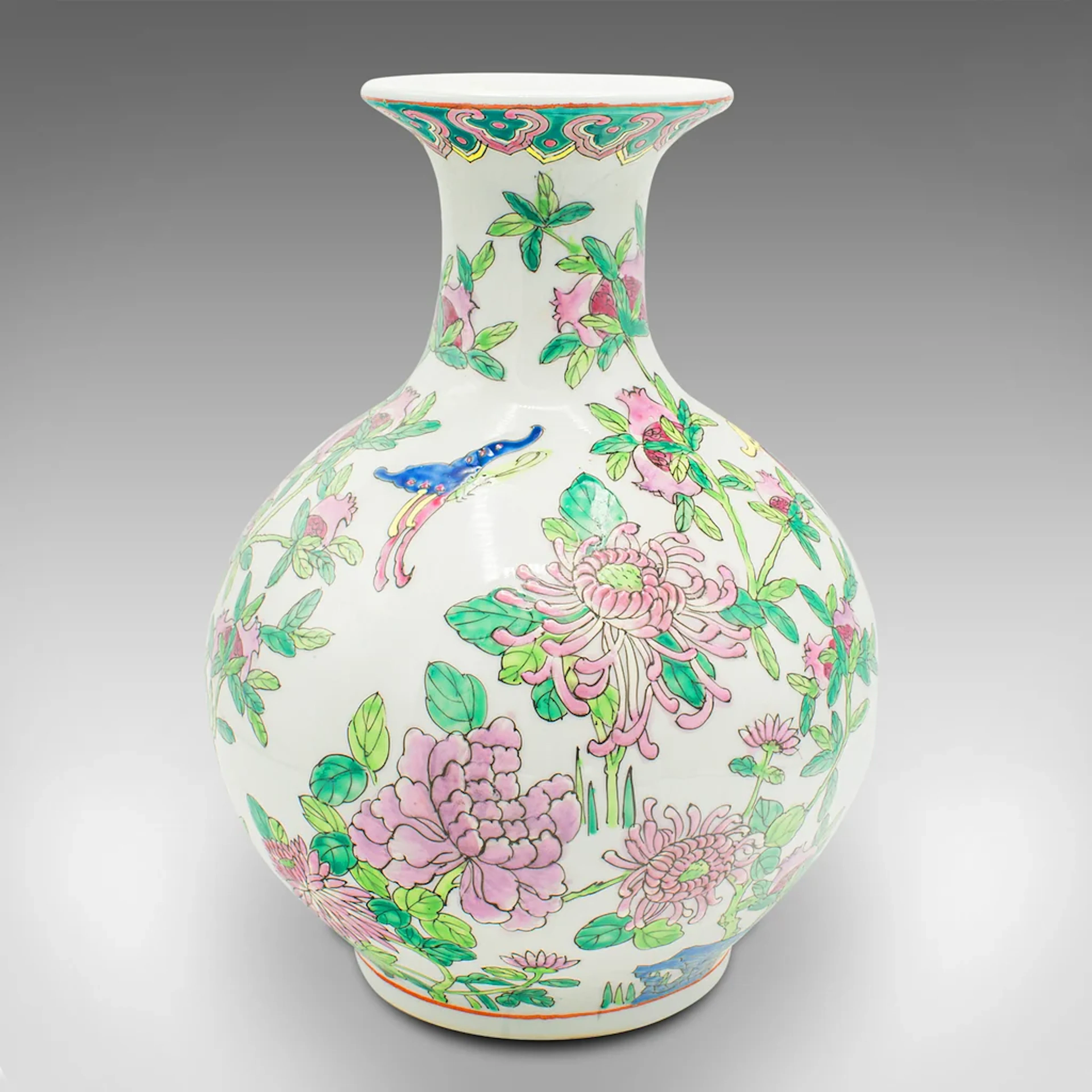 Vintage Art Deco Vase, Chinese, Ceramic, Baluster, Polychrome Finish