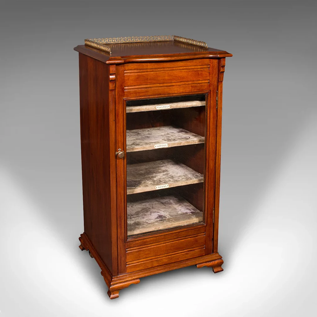 Antique Music Cabinet, English, Walnut, Glass, Display Case, Bookcase