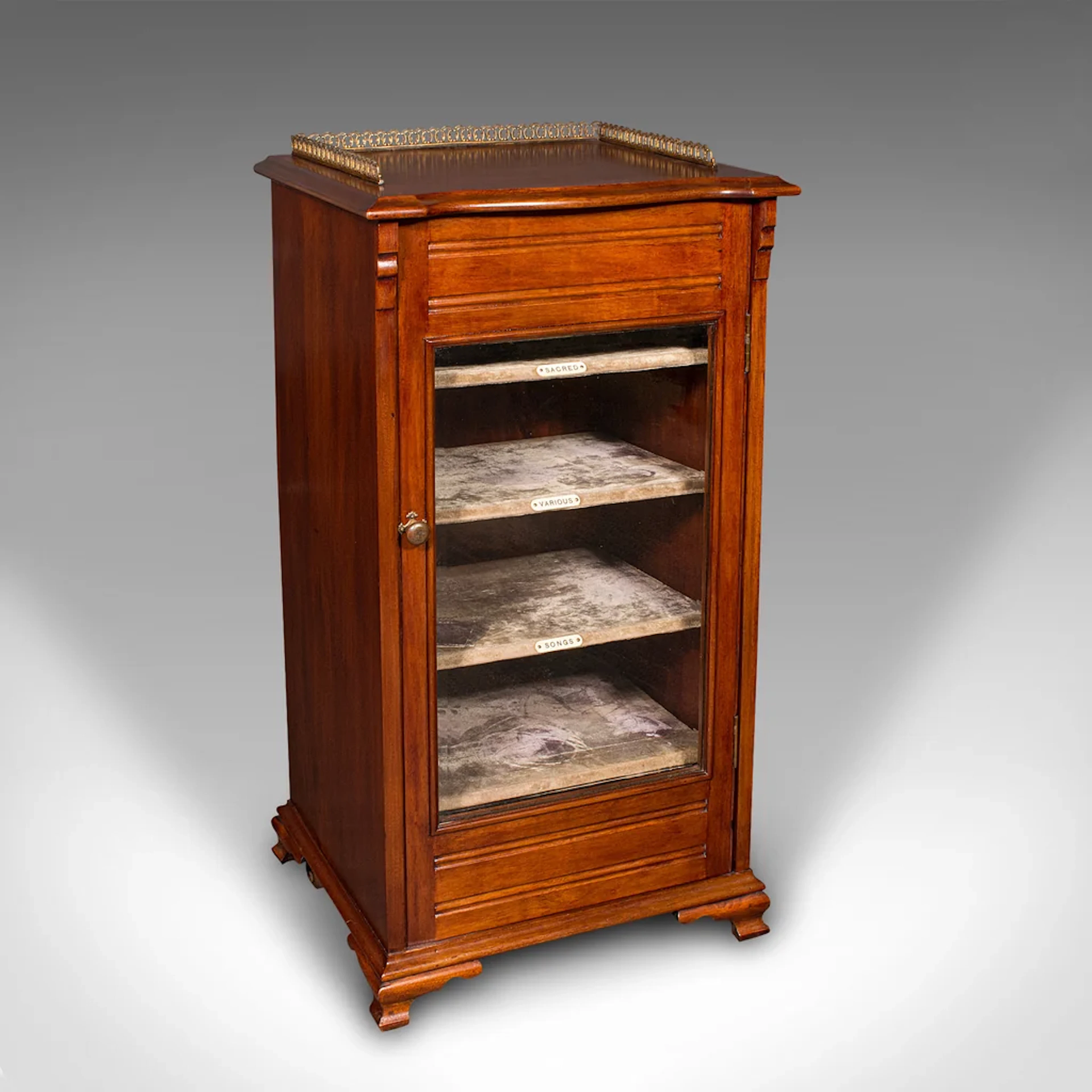 Antique Music Cabinet, English, Walnut, Glass, Display Case, Bookcase