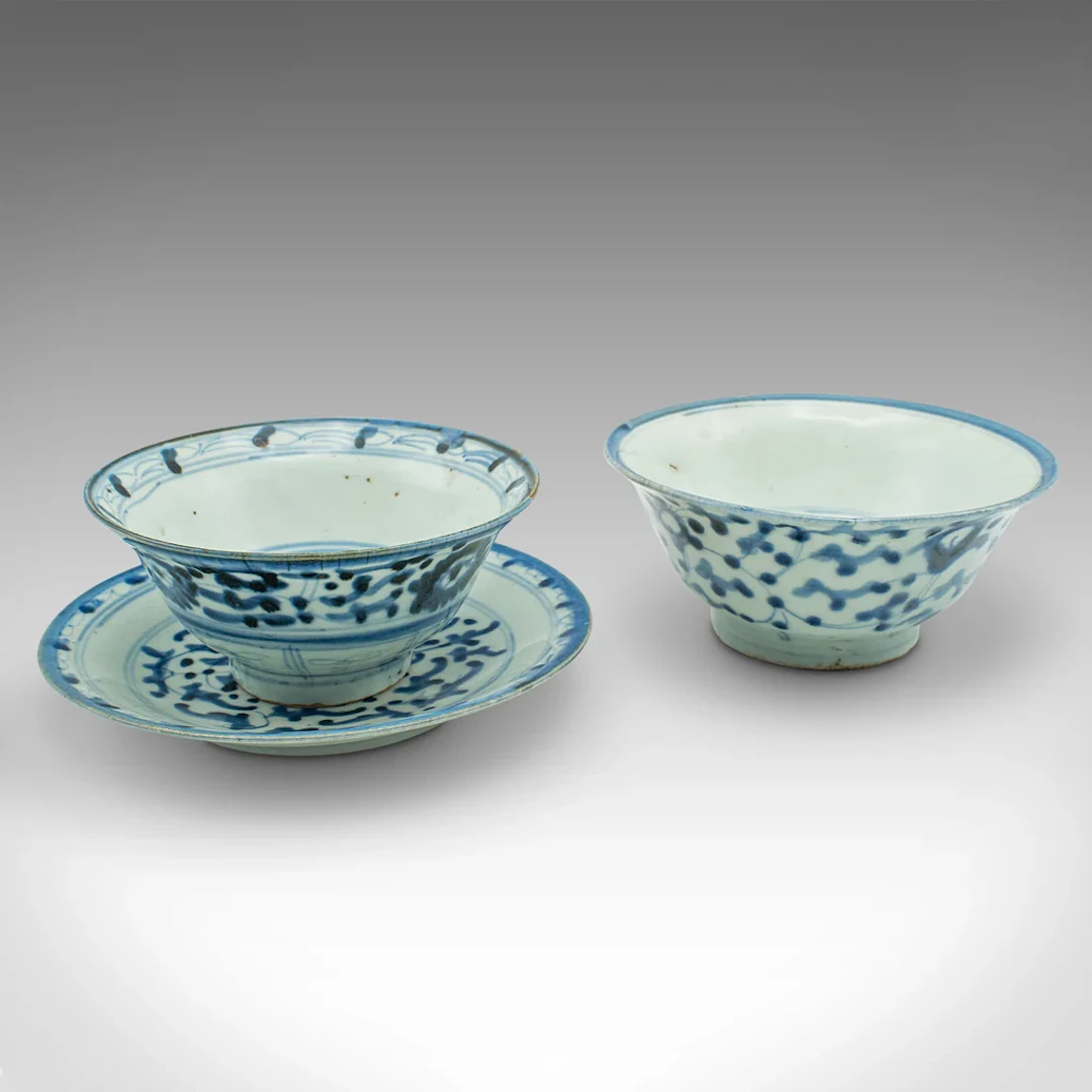 Antique Personal Tea Set, Chinese, Qing Dynasty, Ceramic, Bowl, Saucer