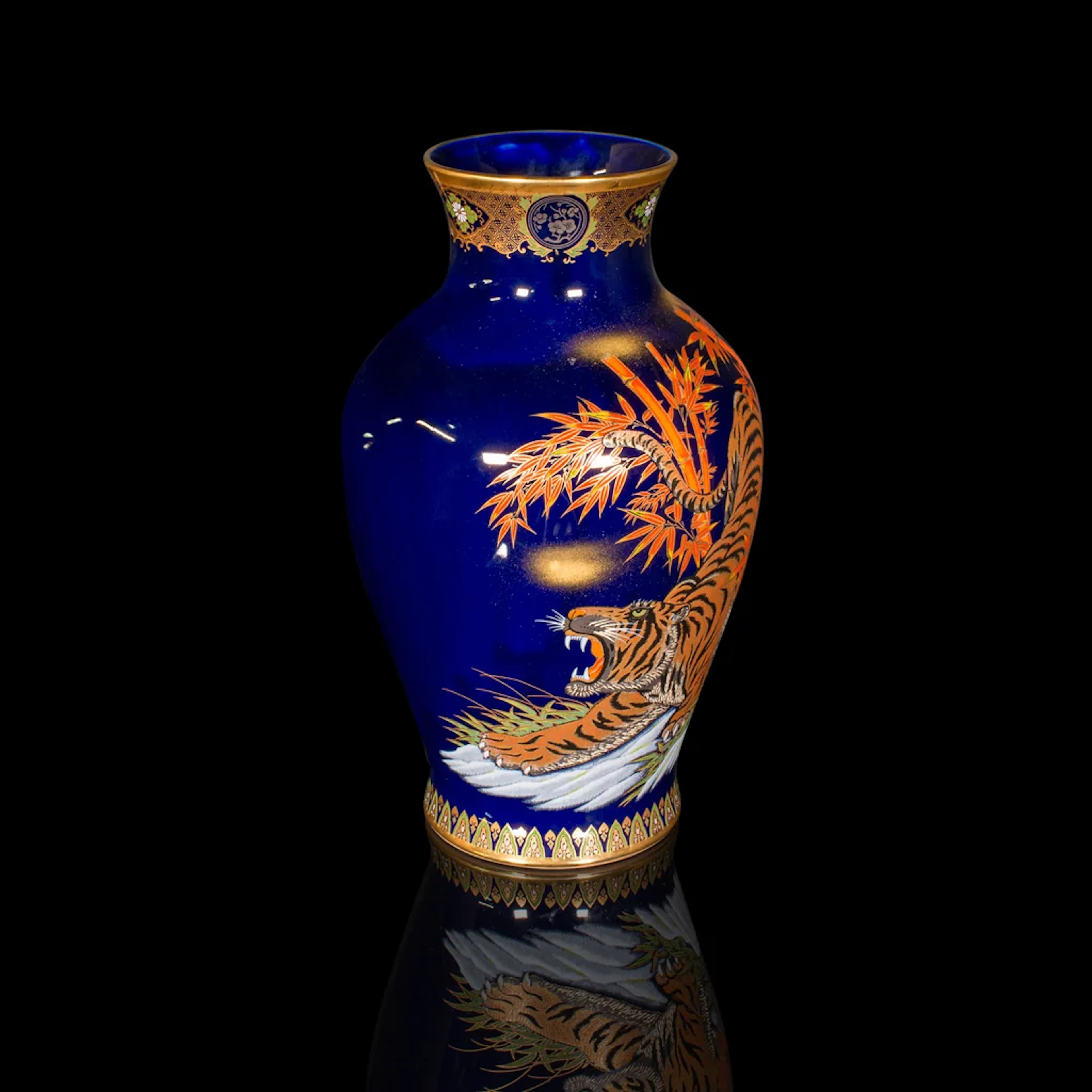 Vintage Tiger Vase, Chinese, Blue Lacquer Ceramic Baluster Urn, Oriental