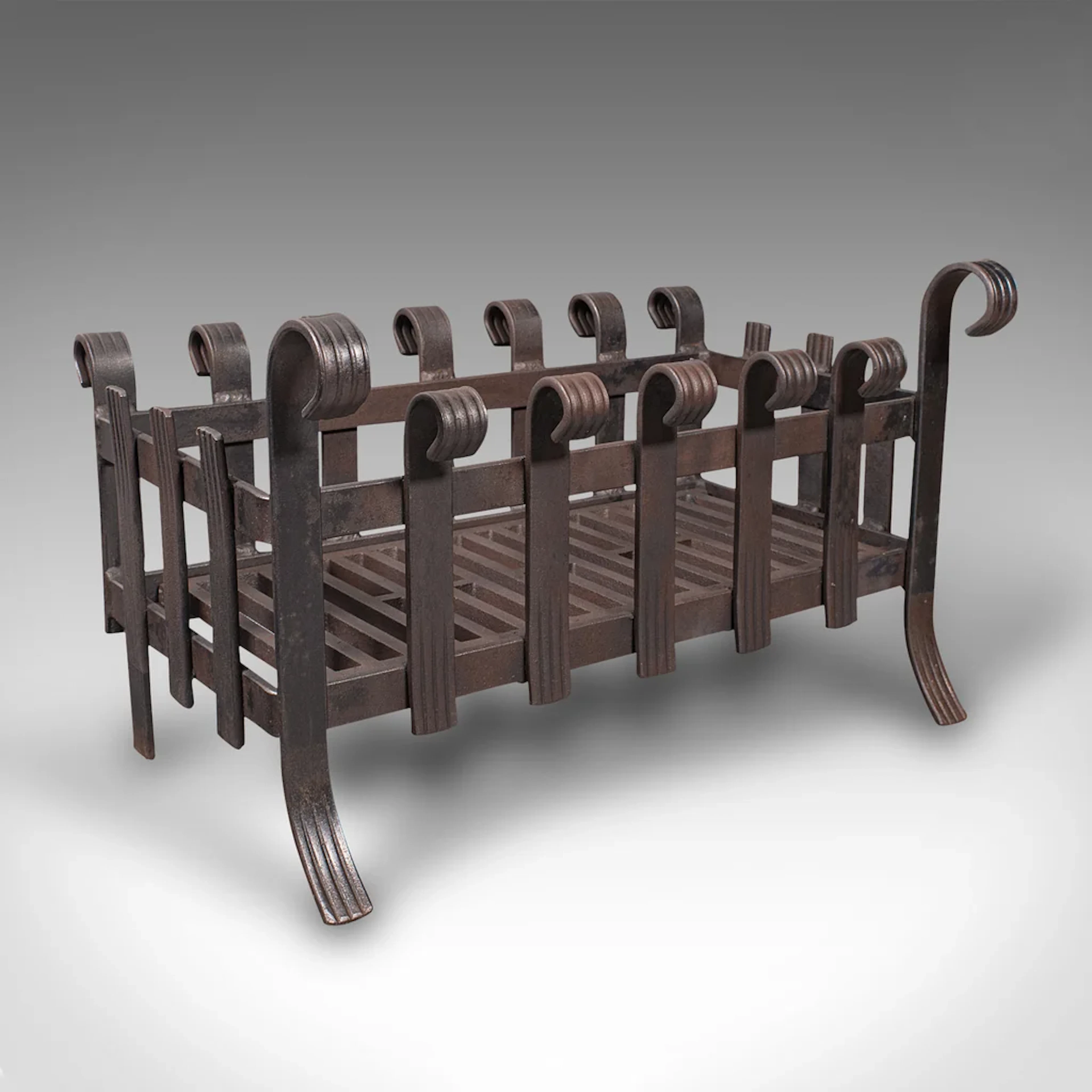 Vintage Fire Basket, English, Iron, Fireplace, Gothic Revival, Mid