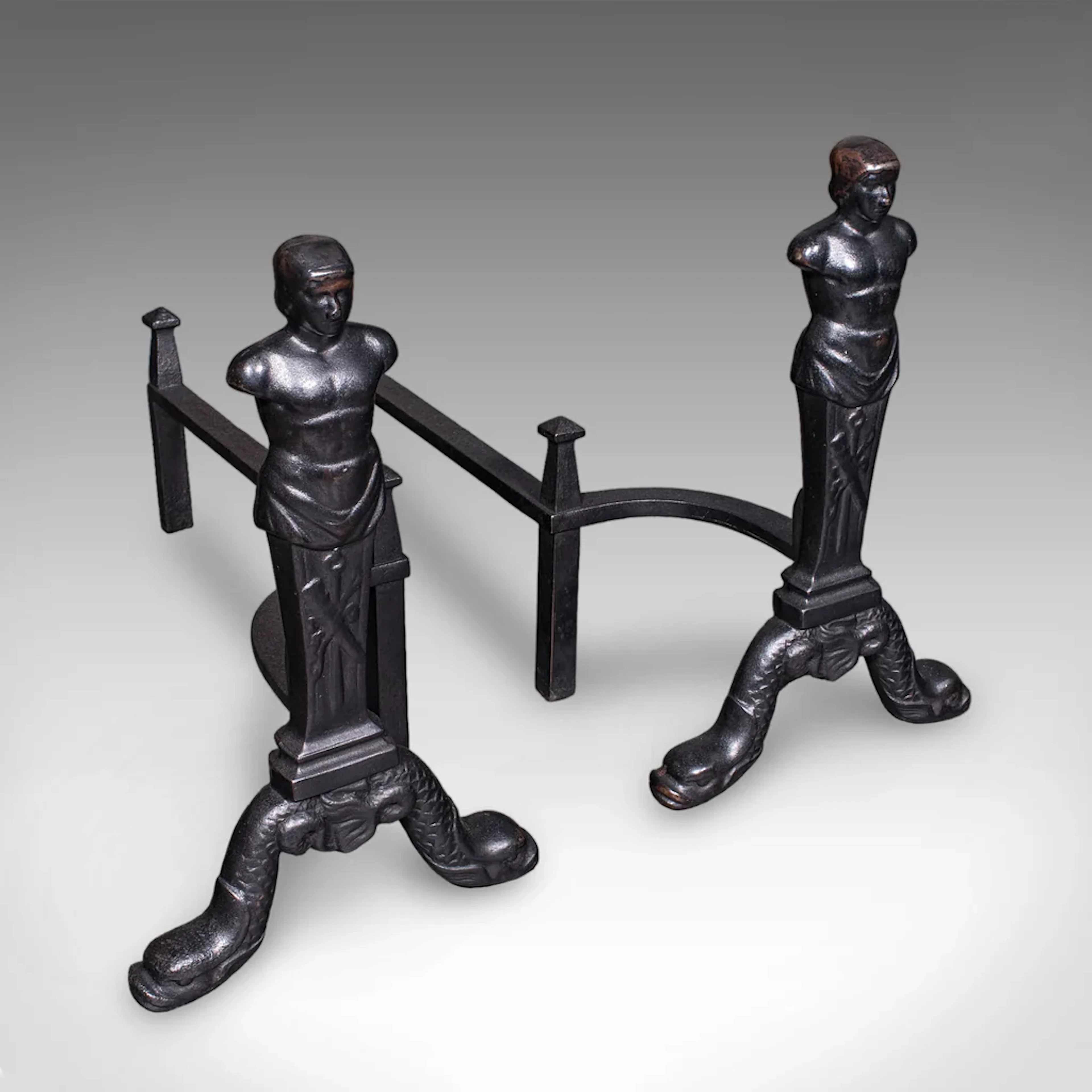 Pair of Vintage Figural Andirons, English, Fire Dog, Fireplace Rests, Art Deco