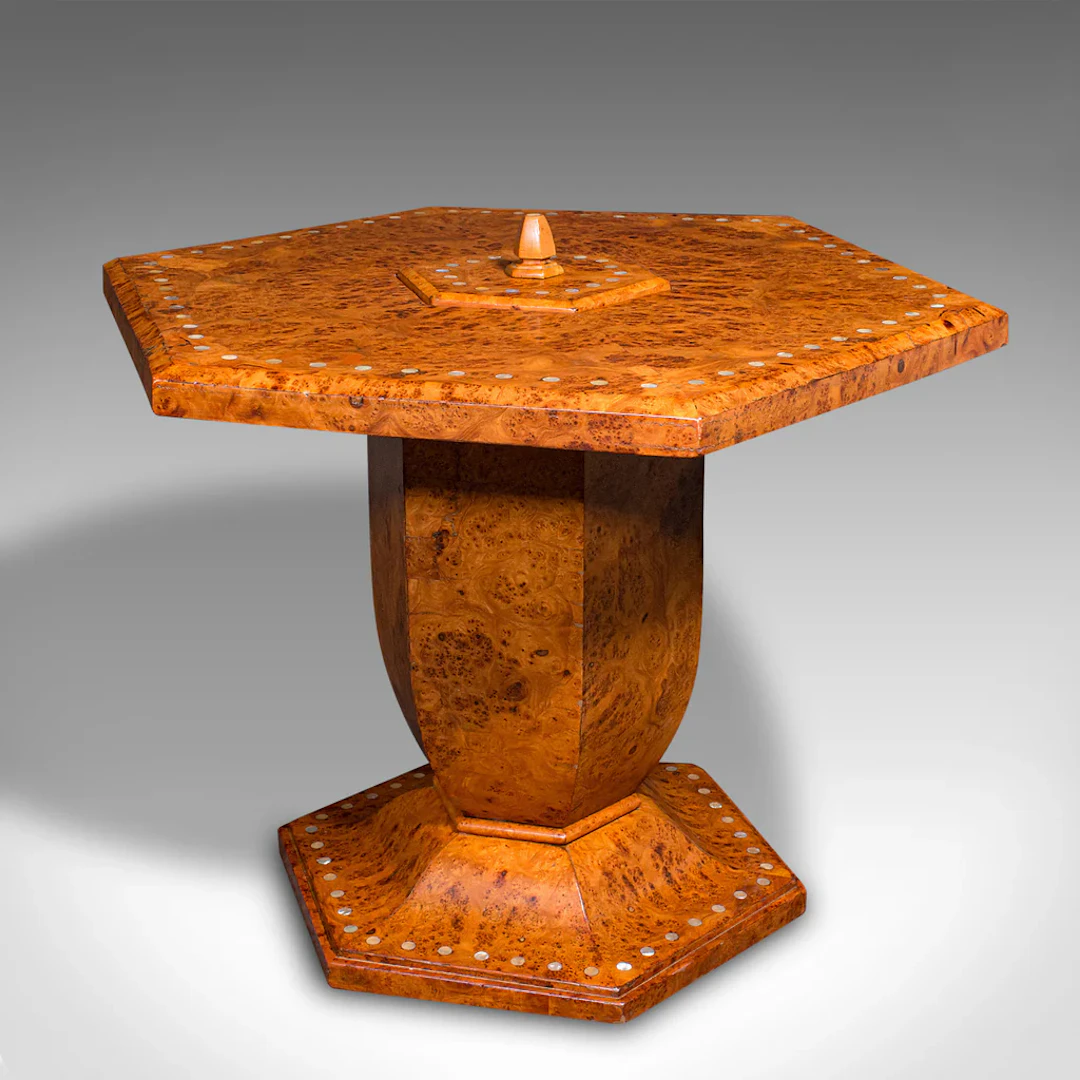 Vintage Hexagonal Coffee Table, English, Burr Walnut, Centrepiece, Art Deco