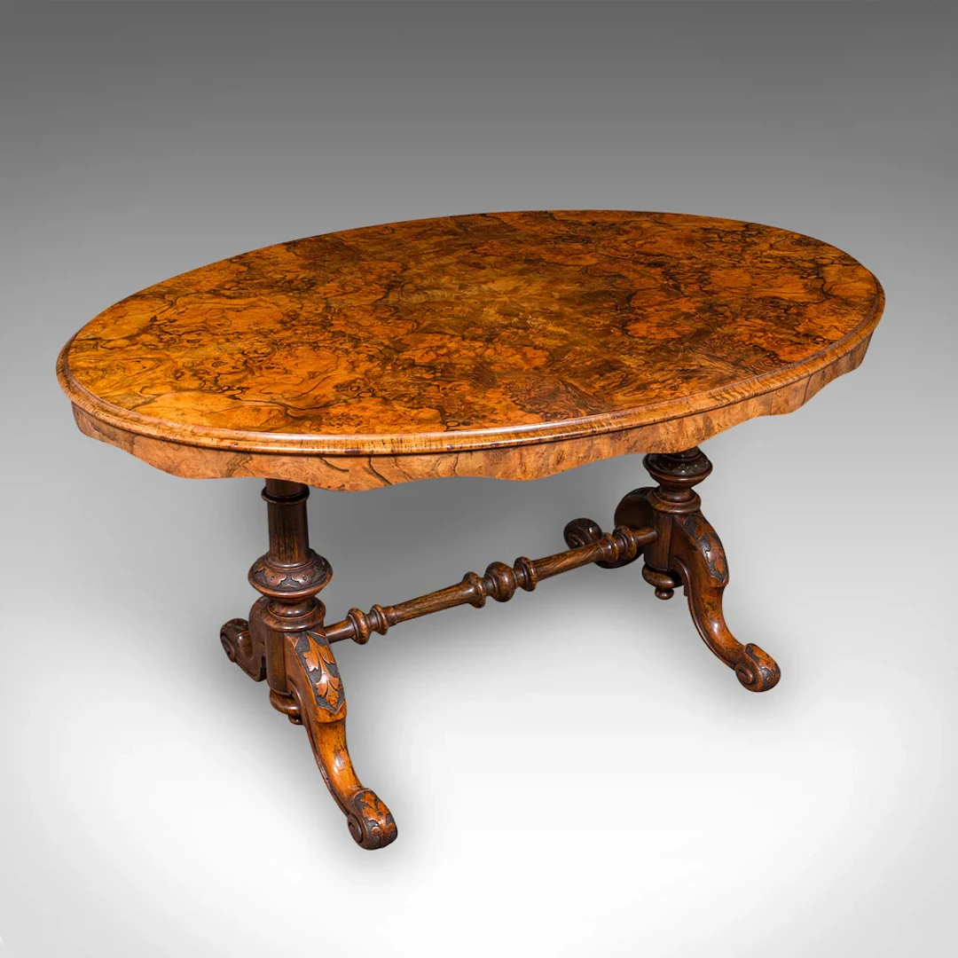 Antique Display Table, English, Burr Walnut, 4 Seat, Oval, Centre, Victorian