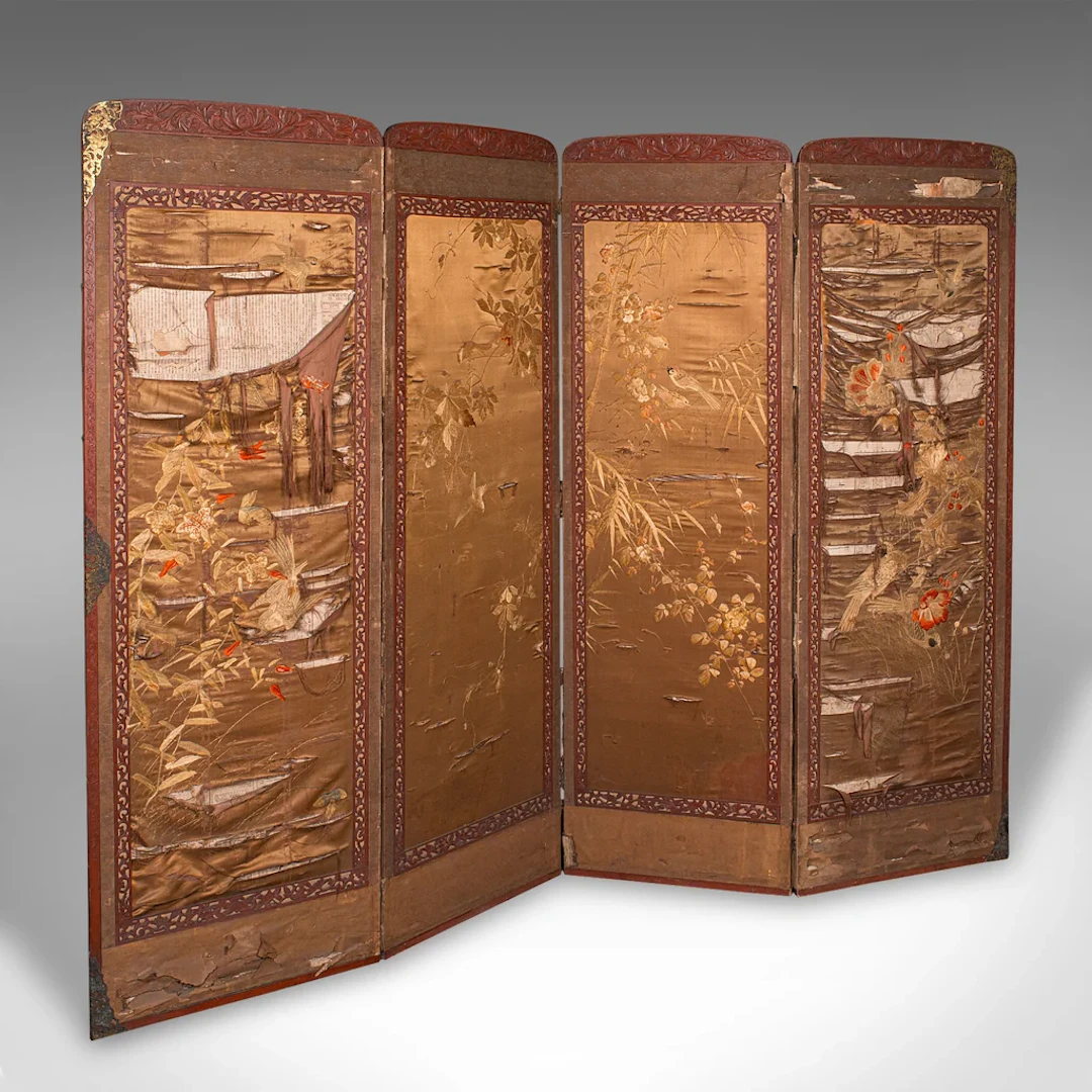 Antique Photographic Prop Screen, Japanese, Silk Cotton, Room Divider