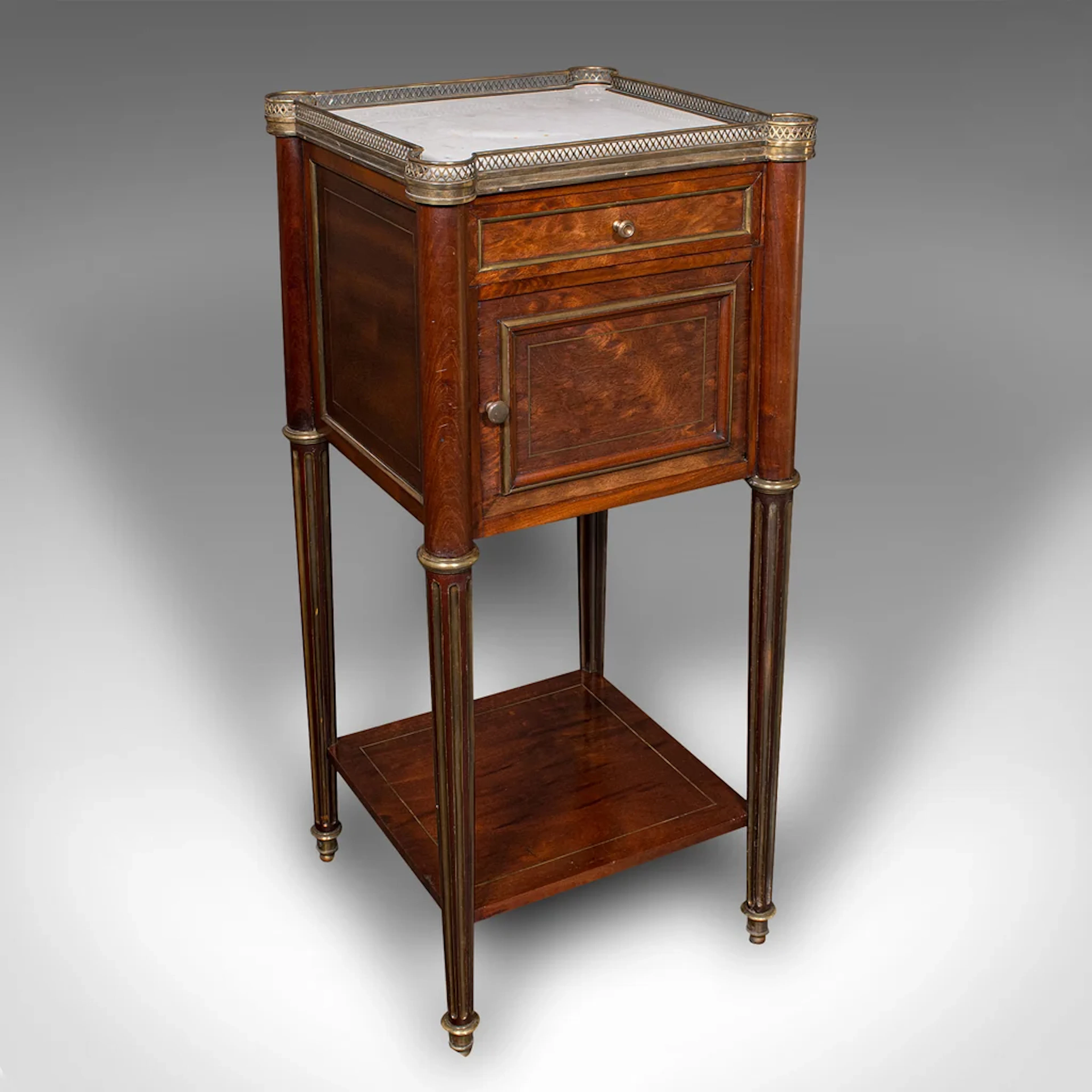 Antique Bedside Table, French, Walnut, Marble, Nightstand, Victorian