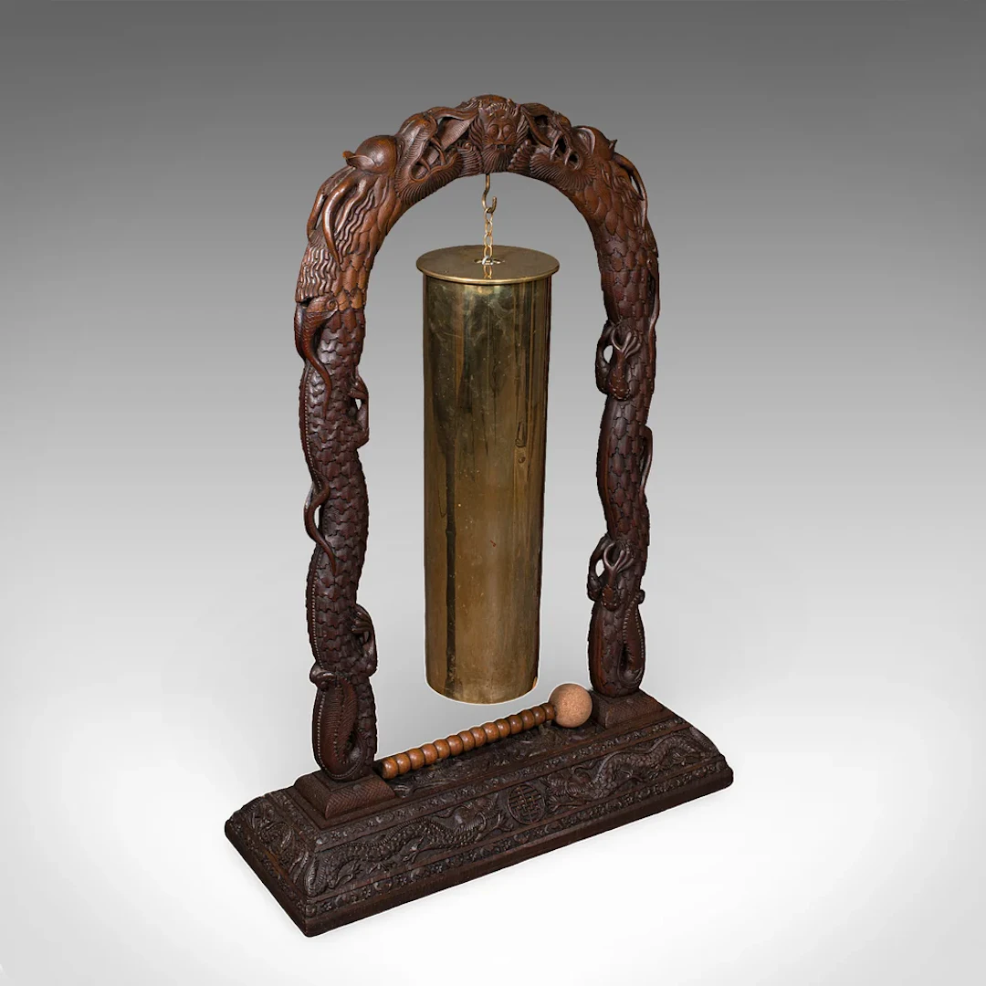Large Vintage Alarm Gong, Oriental, Hardwood Chime Stand, Brass, Art Deco, 1930