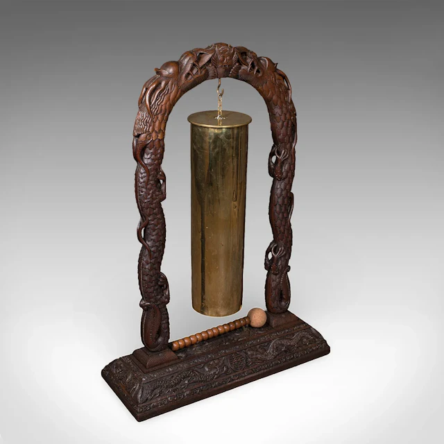 Large Vintage Alarm Gong, Oriental, Hardwood Chime Stand, Brass, Art Deco, 1930
