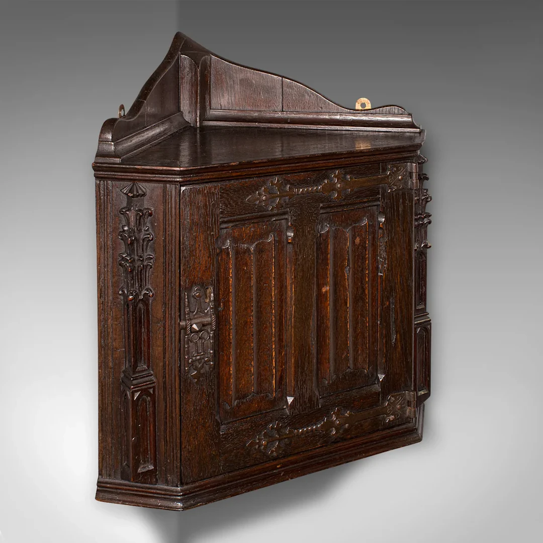 Antique Hanging Corner Cabinet, English Oak Display Cupboard, Kitchen