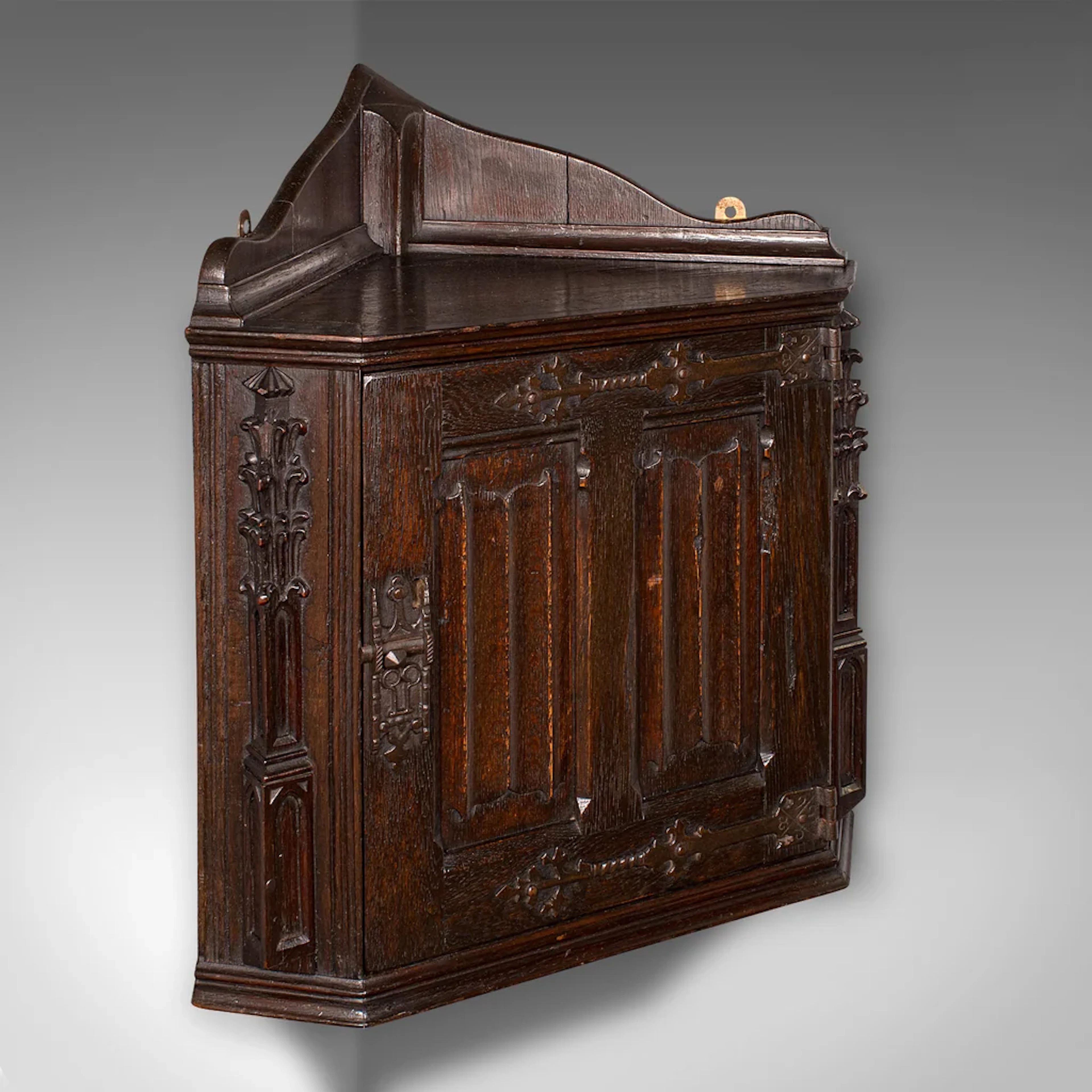 Antique Hanging Corner Cabinet, English Oak Display Cupboard, Kitchen
