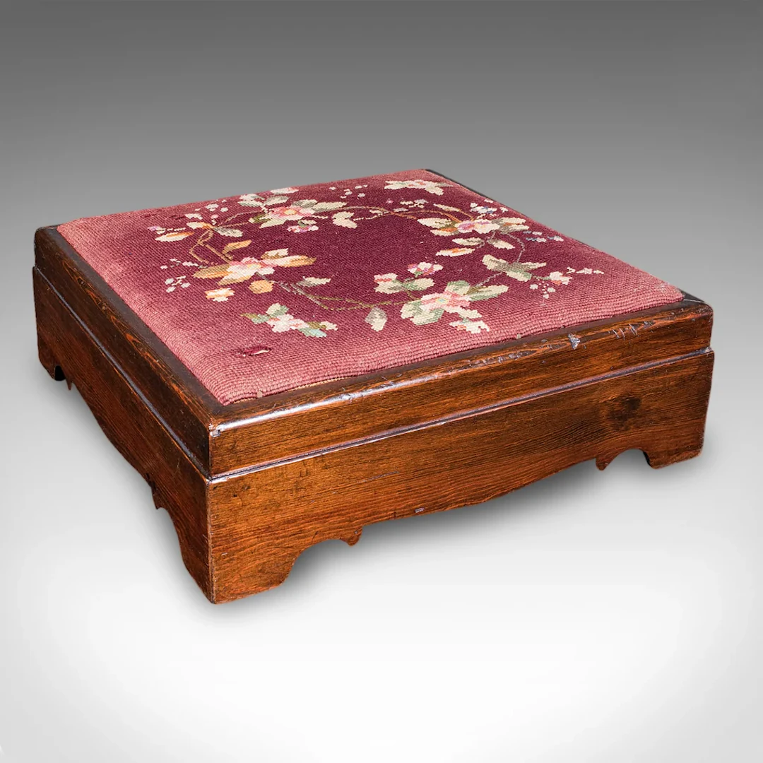 Antique Upholstered Footstool, English, Pitch Pine, Fireside Stool, Edwardian