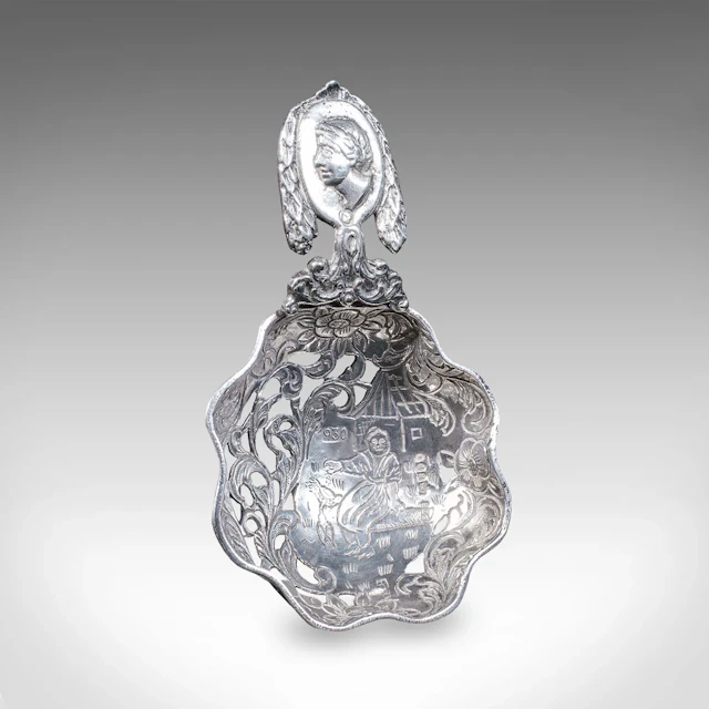 Antique Sugar Casting Spoon, Dutch, Silver, Sifter, Import Hallmarks, Victorian