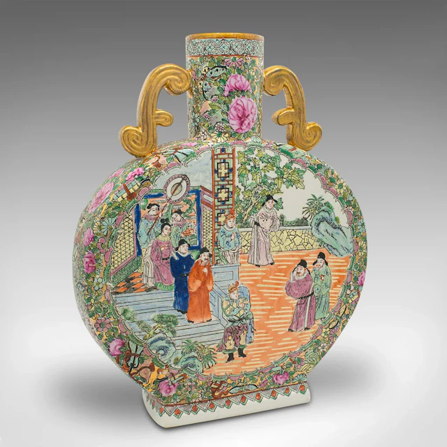 Large Antique Moon Vase, Chinese Ceramic, Decorative Flower Urn, Victorian