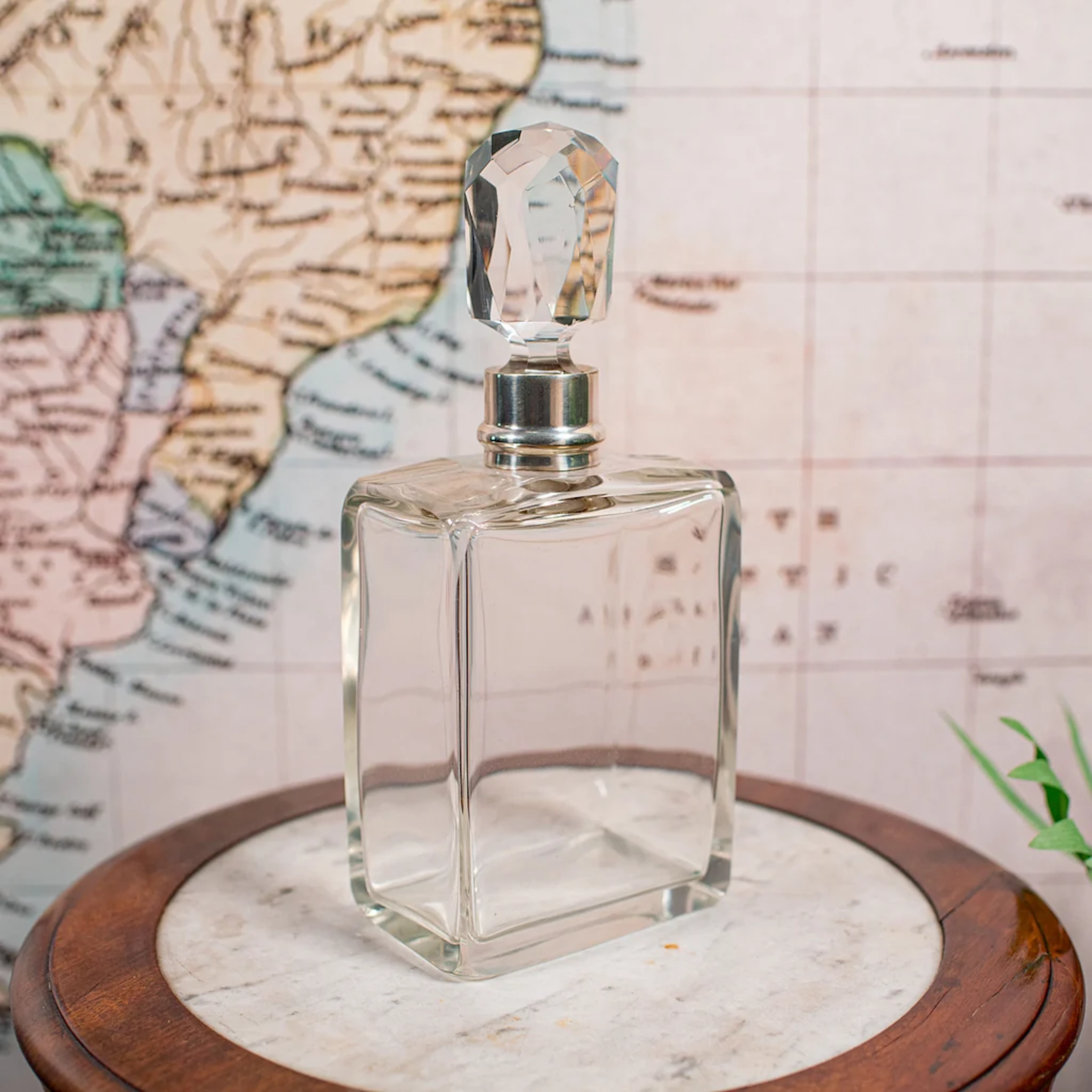 Antique Whiskey Decanter, English Glass Scotch Bottle, Silver Collar
