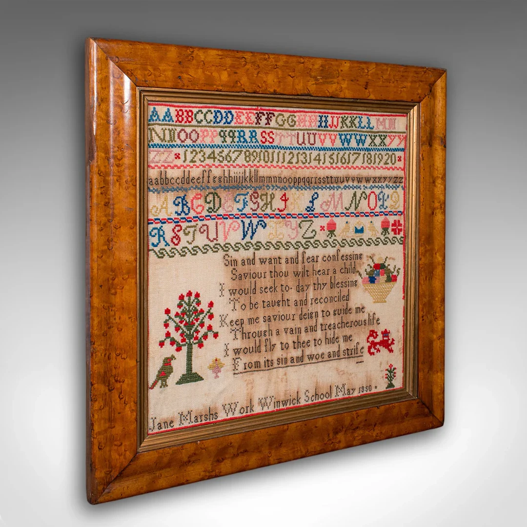 Antique Needlepoint Sampler, English, Handmade, Embroidered Panel, Victorian
