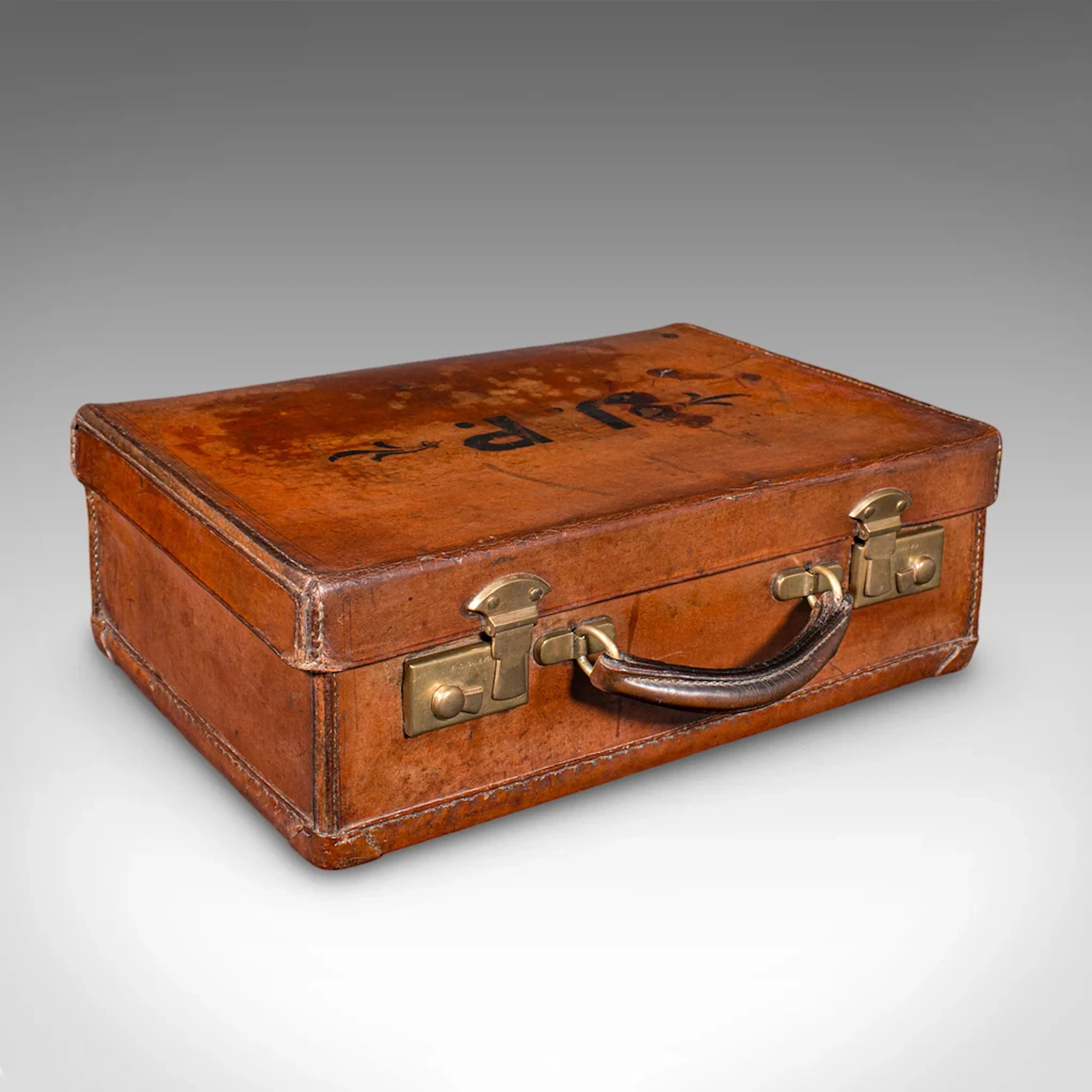 Small Antique Clerk's Suitcase, English Leather Attache Case, Revival