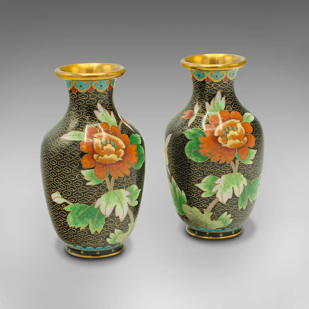Pair Of Small Vintage Cloisonne Posy Vases, Japanese, Ceramic, Flower, Art Deco