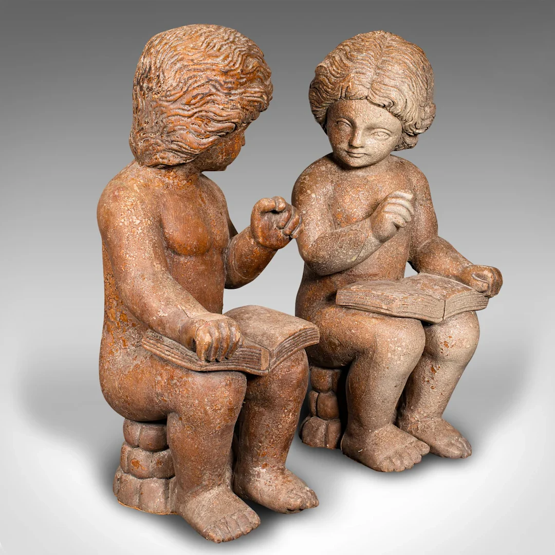 Large Pair, Antique Putti Bookends, Italian Cherub Figures, Book Rest