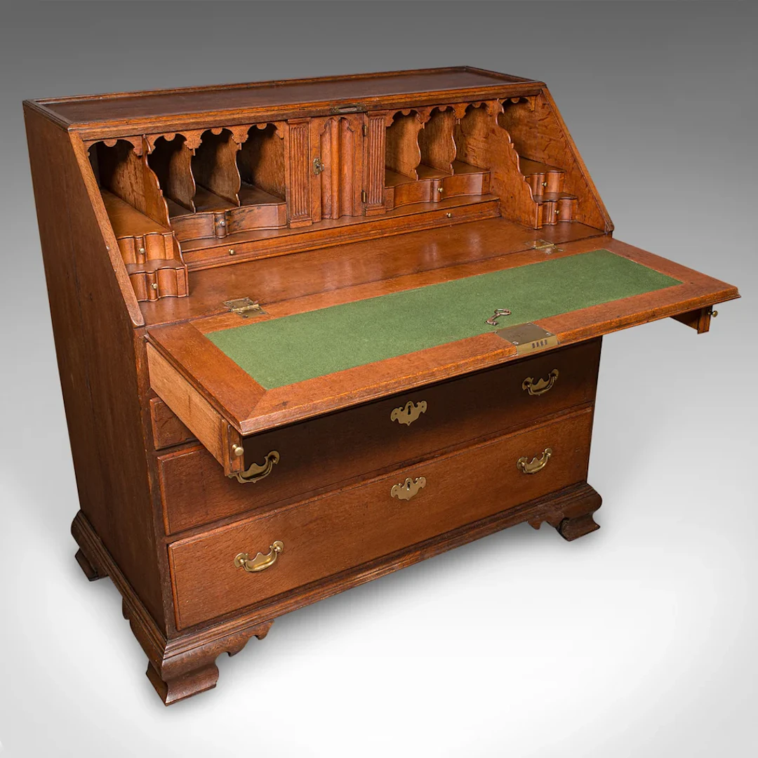 Large Antique Fall-Front Bureau, English, Oak, Writing Cabinet, Georgian