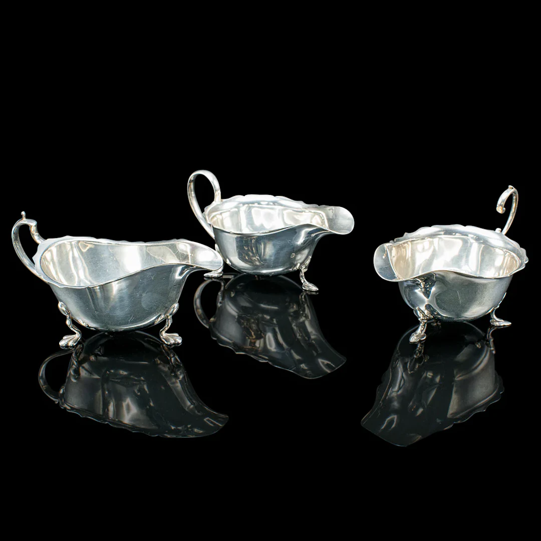 Trio of Antique Sauce Dishes, English, Silver Plated, Condiment Pots, Edwardian