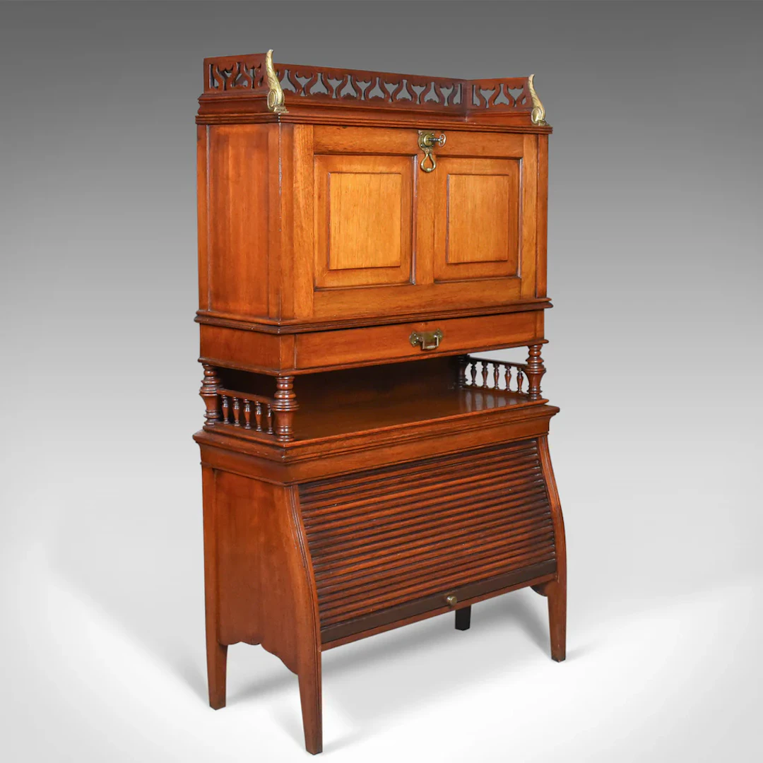 Antique Bureau Cabinet, English, Edwardian, Walnut Cupboard, Circa 1910