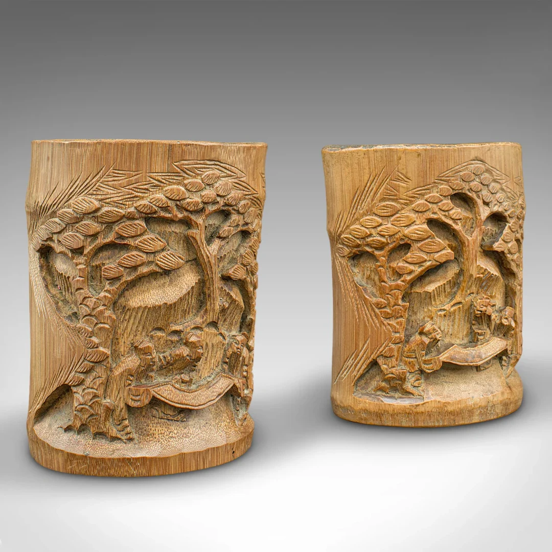 Pair Of Vintage Brush Pots, Chinese, Hand Carved Bamboo, Dry Flower