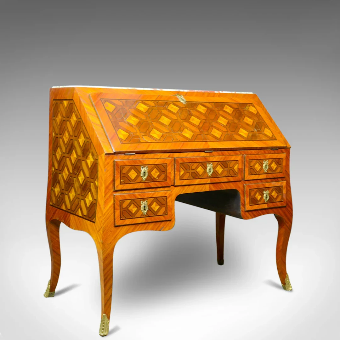 Antique Bureau, French, Marble Top, Kingwood, Marquetry Desk, Circa 1900