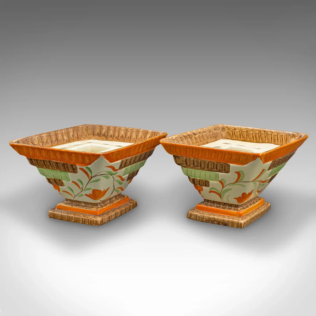 Pair Of Vintage Dried Flower Vases, English, Hand Painted Ceramic, Art Deco