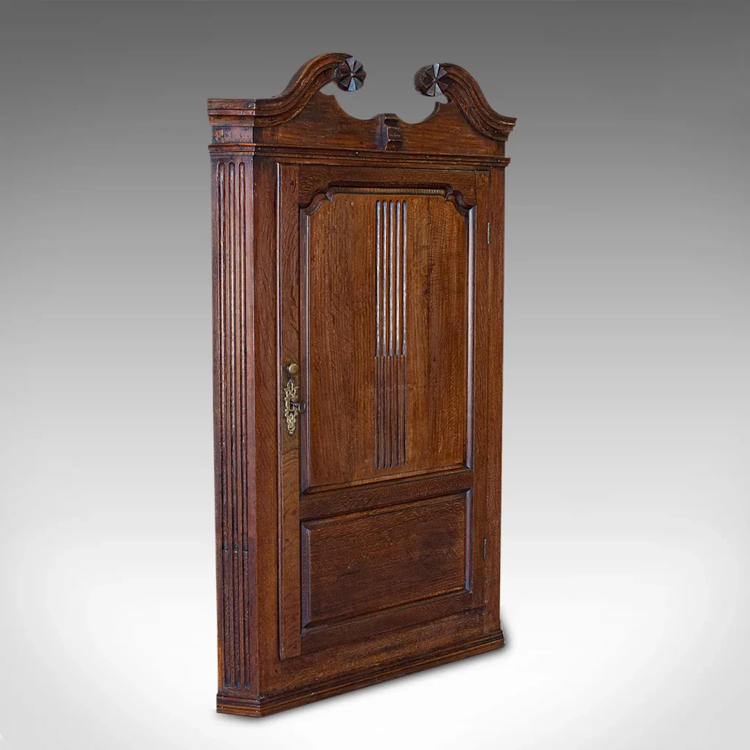 Antique Georgian Corner Cabinet, English, Oak, Wall Hanging Cupboard