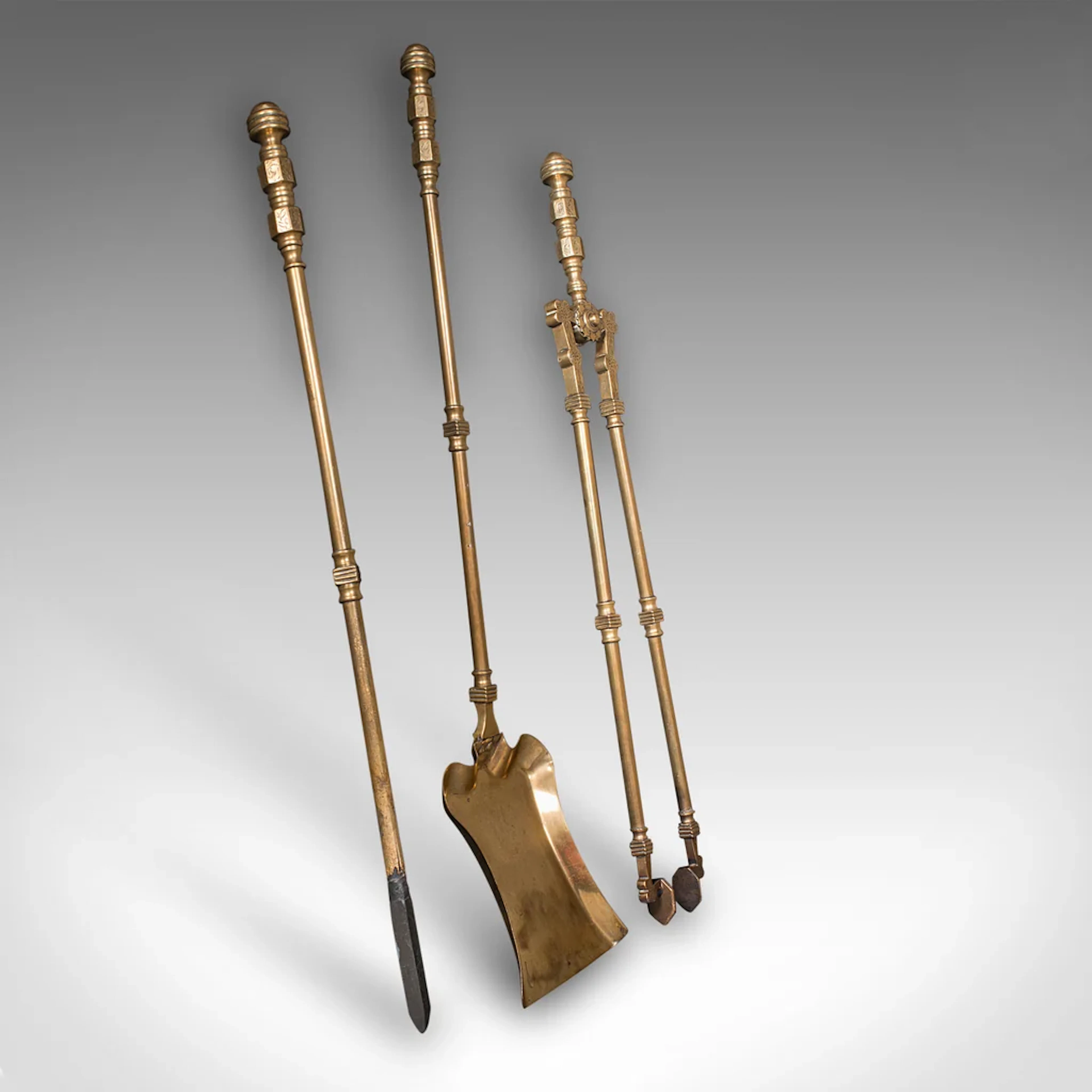 Antique Fire Tool Set, English, Brass, Shovel, Tongs, Poker, Victorian, C.1870