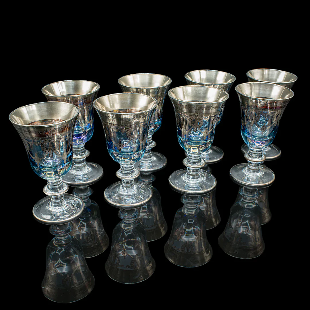 Set of 8 Vintage Wine Goblets, Italian, Handmade Art Glass, Aperitif, Liqueur