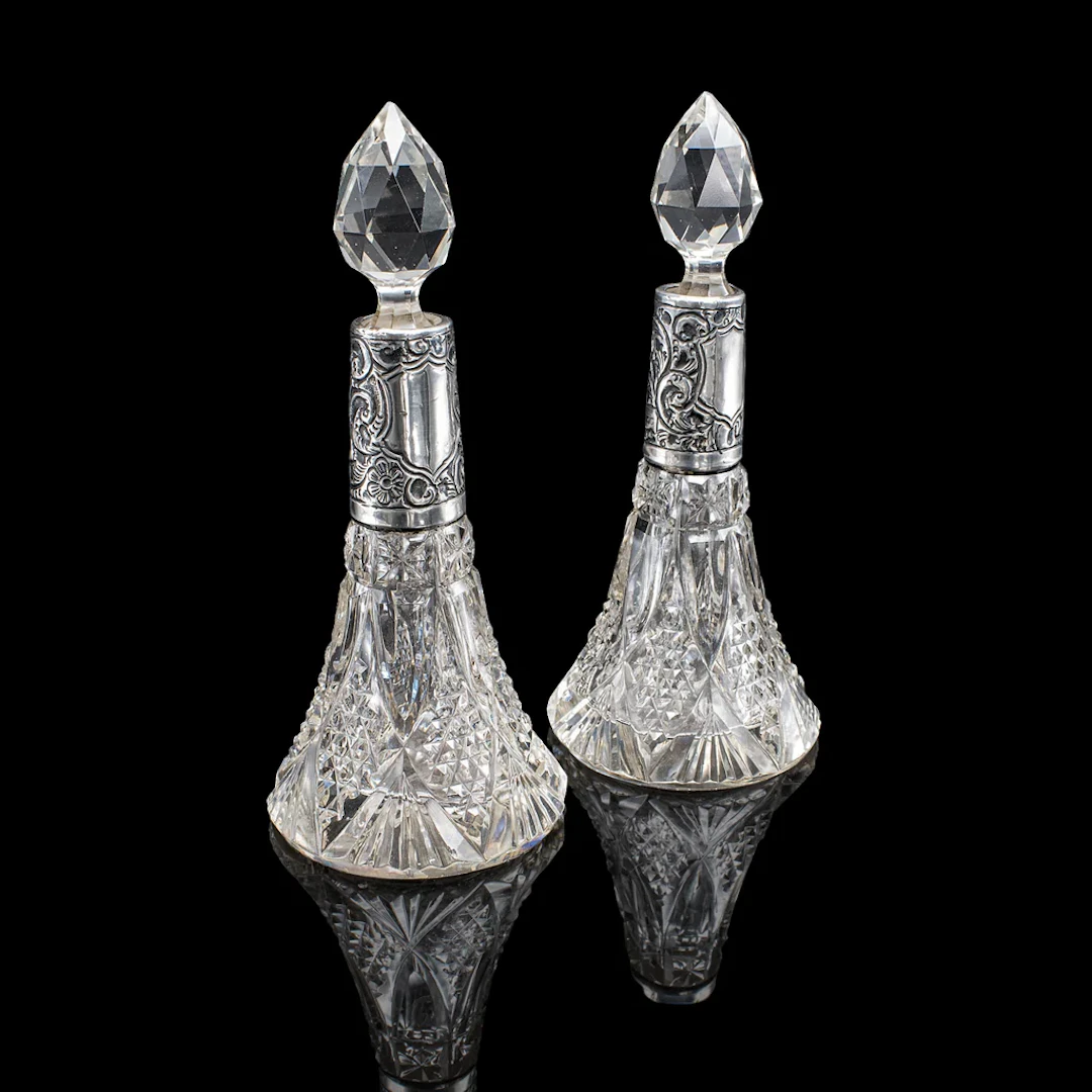 Pair of Small Antique Scent Bottles, English, Perfume Decanter, Silver Collar