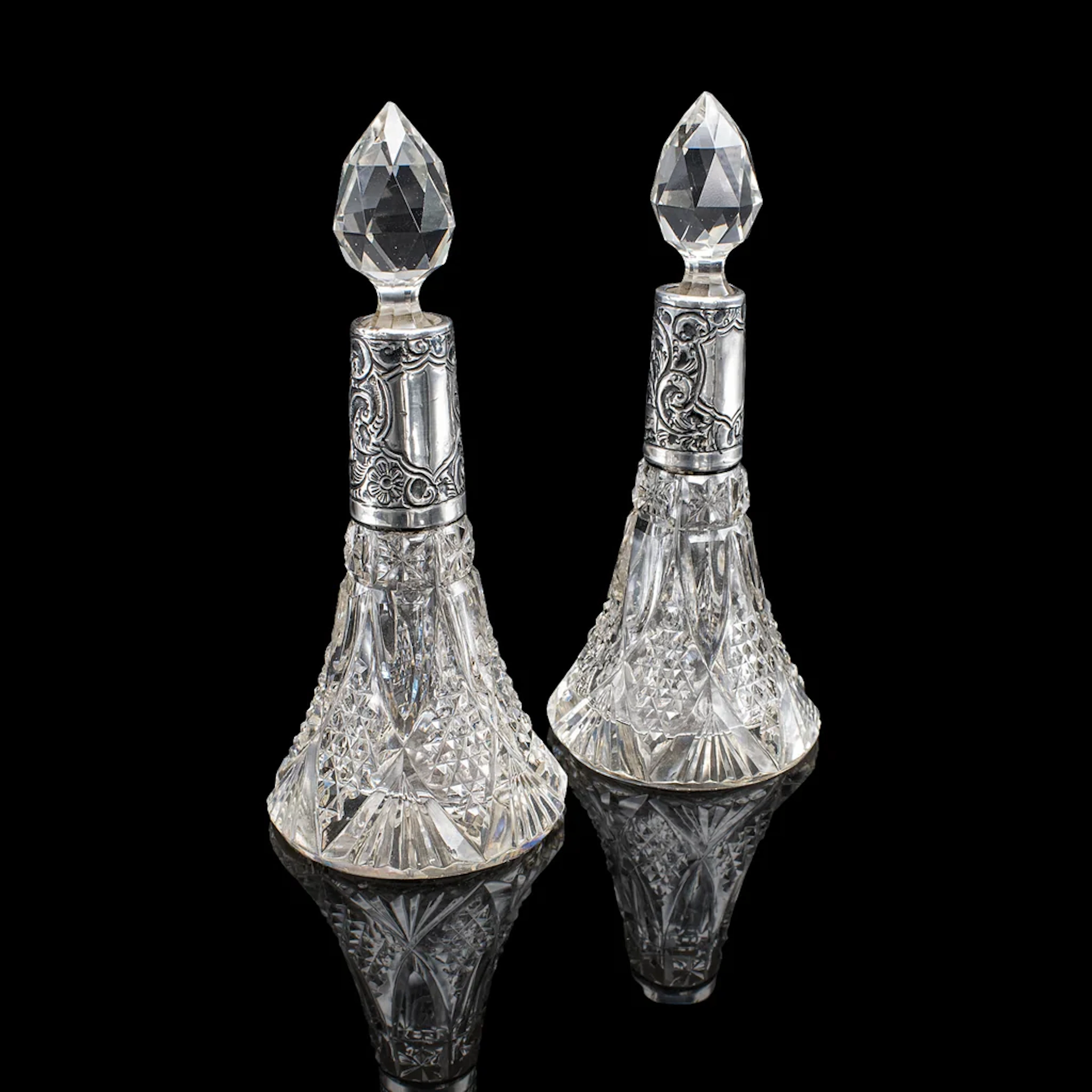 Pair of Small Antique Scent Bottles, English, Perfume Decanter, Silver Collar