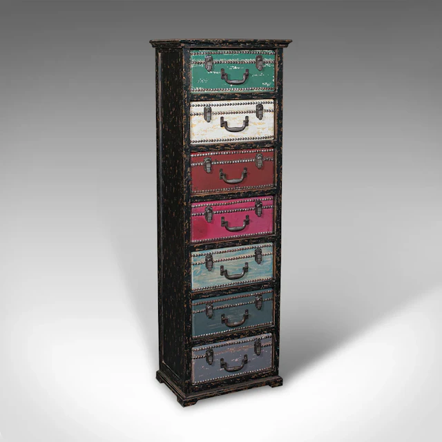 Tall Vintage Trunk Stand, English, Hand-Painted Pine, Suitcase Chest of Drawers