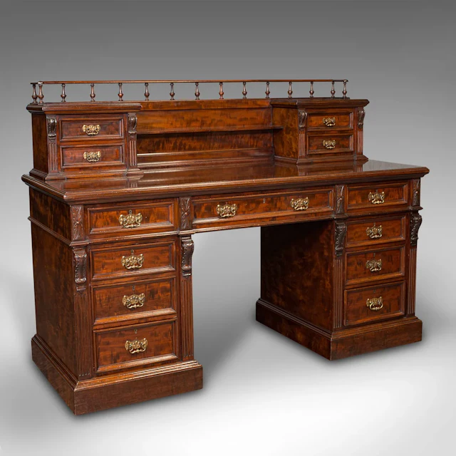 Grand Antique Executive Desk, English, Satinwood, 13 Drawer, Office, Victorian