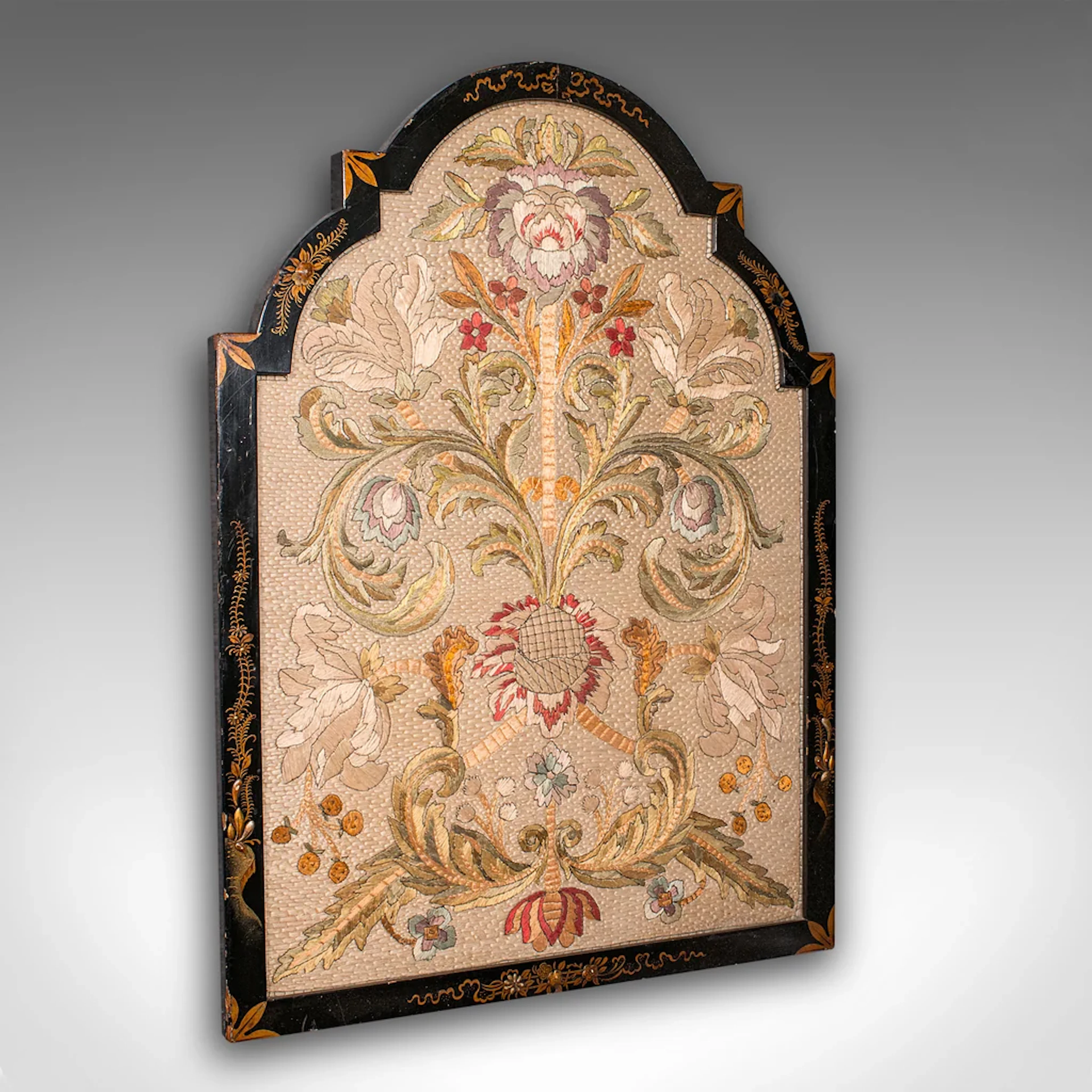 Antique Embroidered Panel, English, Framed Silkwork, Baroque Taste, Victorian