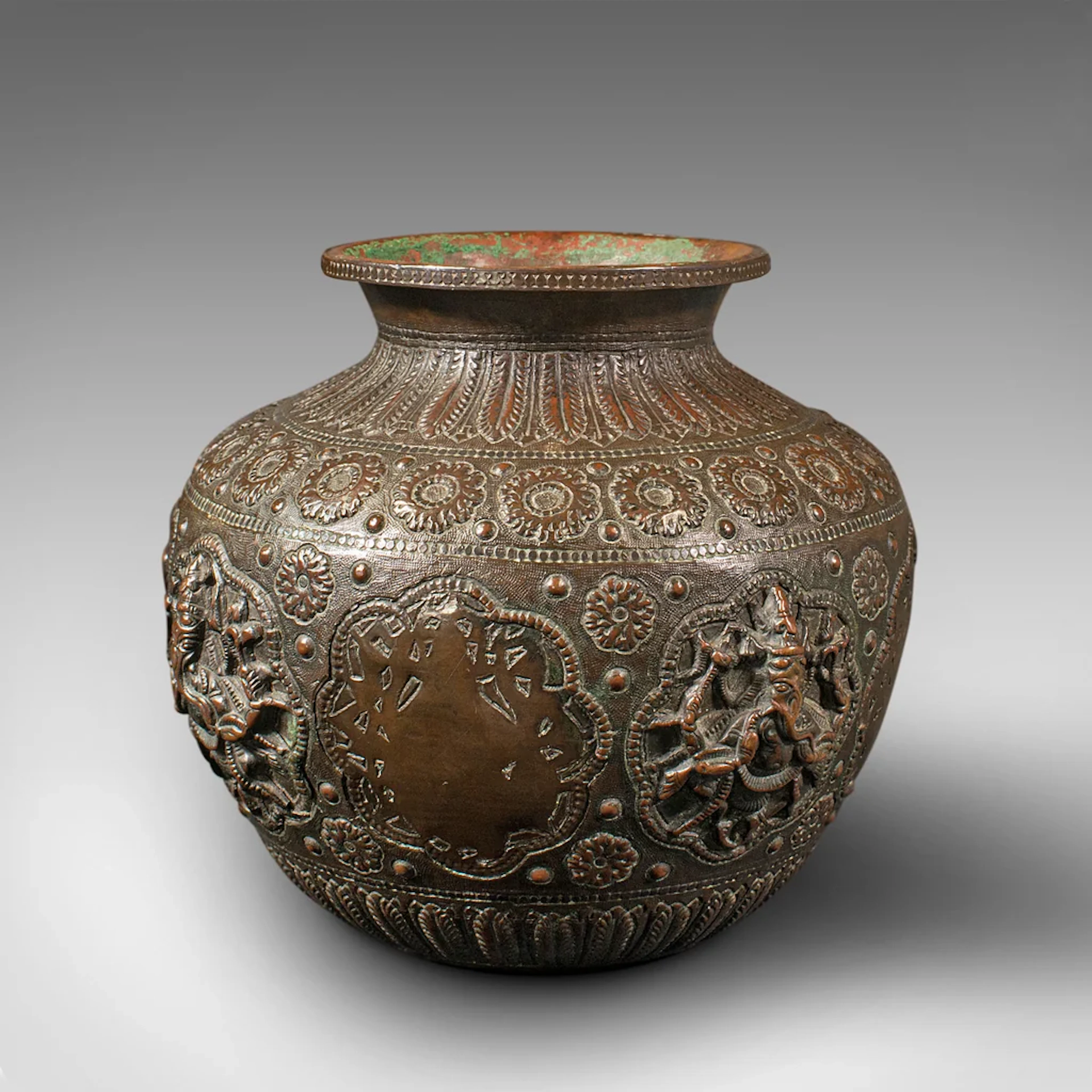 Antique Celebration Pot, Indian, Bronze, Diwali Vase, Ganesh, Lakshmi