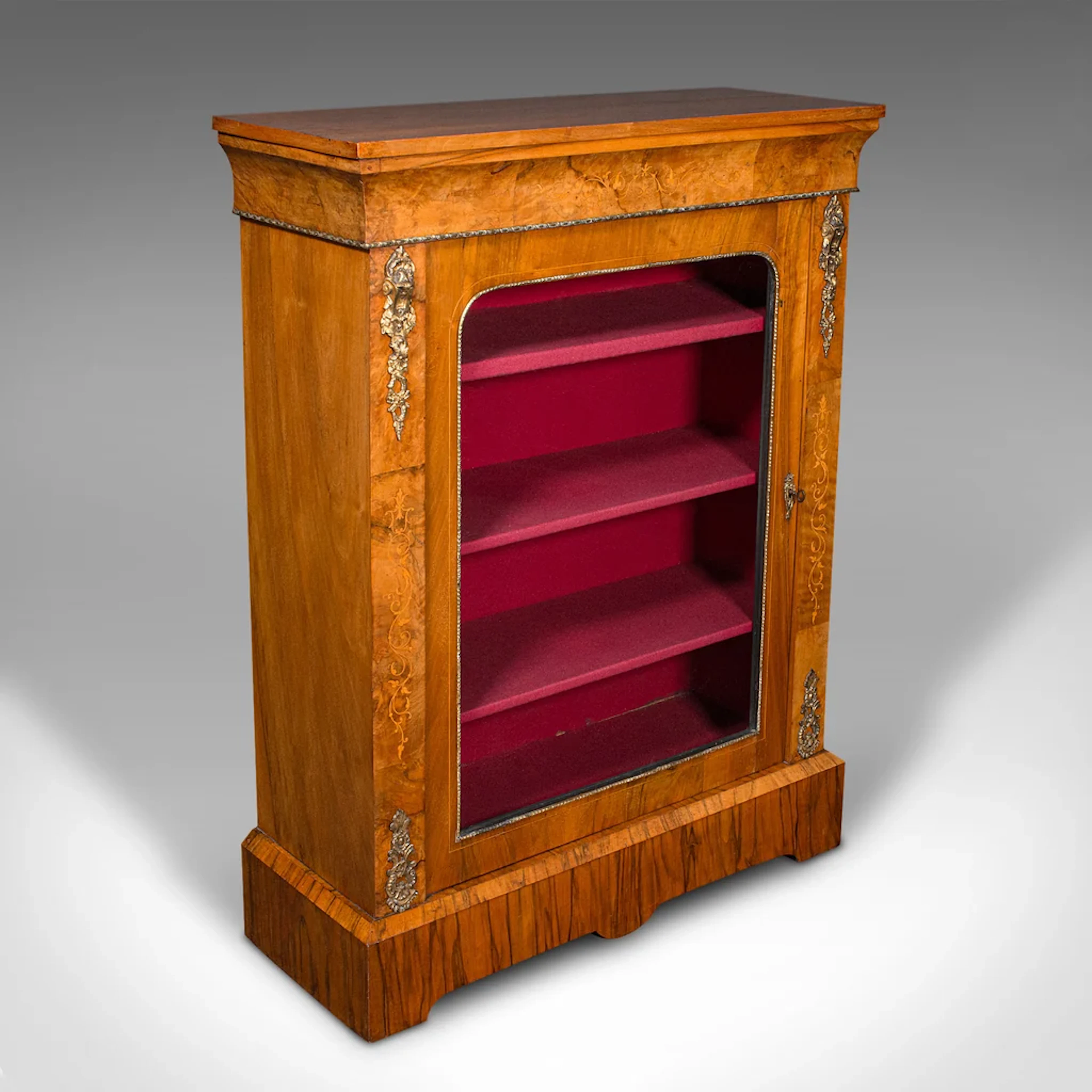 Antique Pier Cabinet, English Walnut, Glazed Bookcase, Display Cupboard