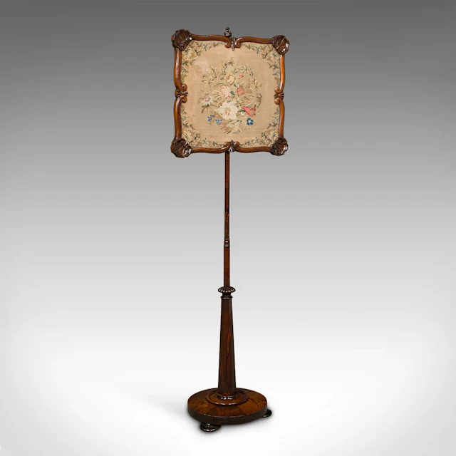 Antique Fireside Pole Screen, English, Needlepoint Tapestry, Adjustable