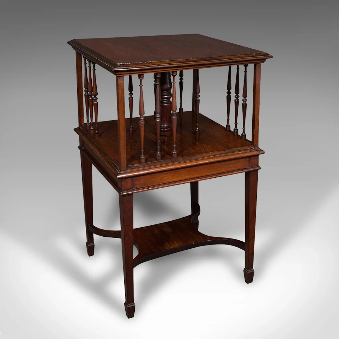 Antique Revolving Bookcase, English, Walnut, Rotating Novel Library, Edwardian