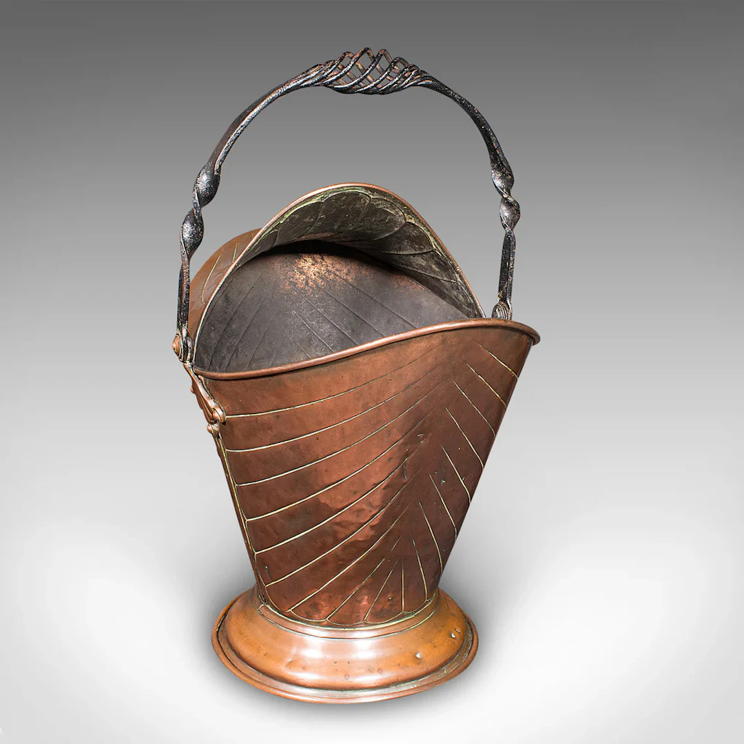 Antique Coal Scuttle, English, Copper, Fireside Basket, Art Nouveau, Victorian