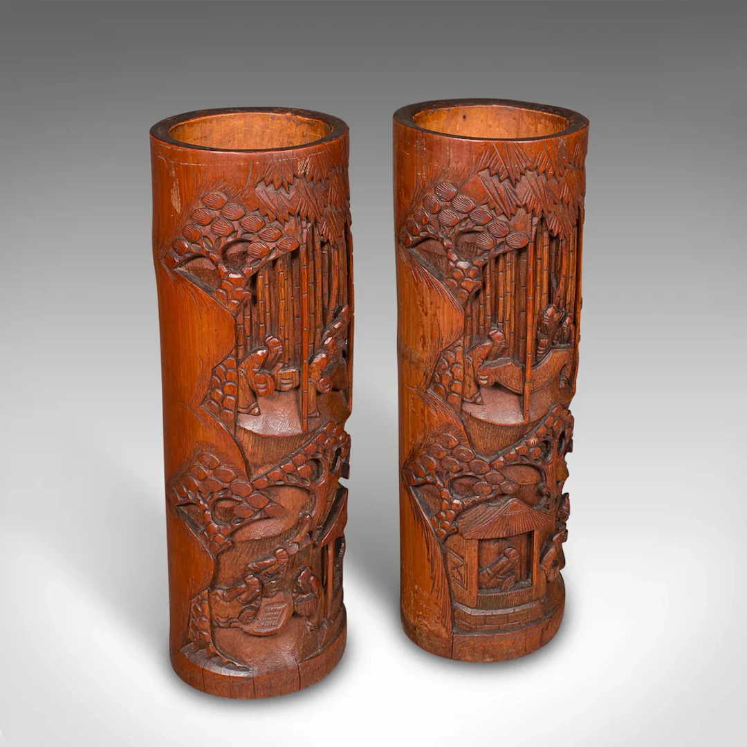 Tall Pair Of Antique Brush Pots, Chinese, Bamboo, Bitong, Flower Vase