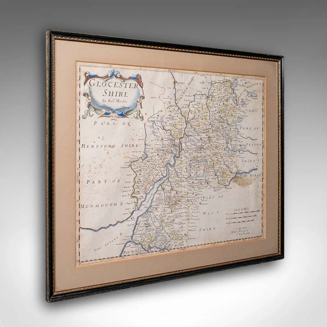 Antique Framed Gloucestershire Map, English Atlas Engraving, Cartography