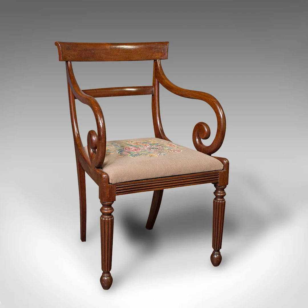 Antique Elbow Chair, English, Armchair, Needlepoint, Drop In Seat