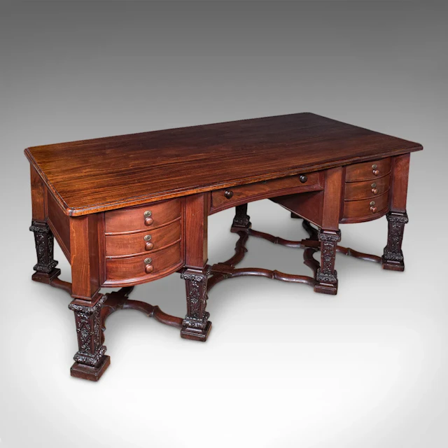 Antique Partner's Desk, English, Bureau Mazarin, Louis XIV Revival, Victorian