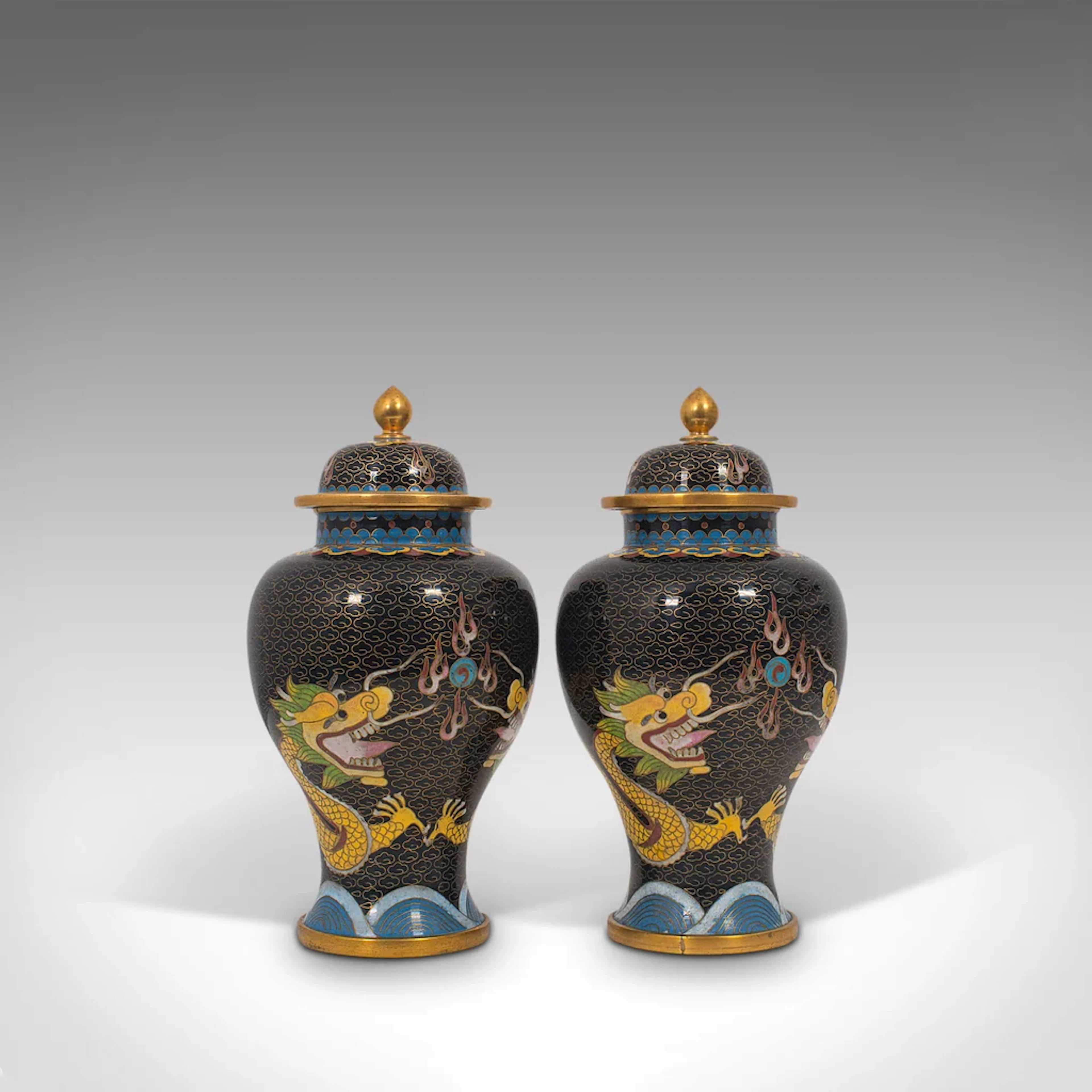 Pair Of, Antique Decorative Spice Jars, Chinese, Cloisonne, Baluster