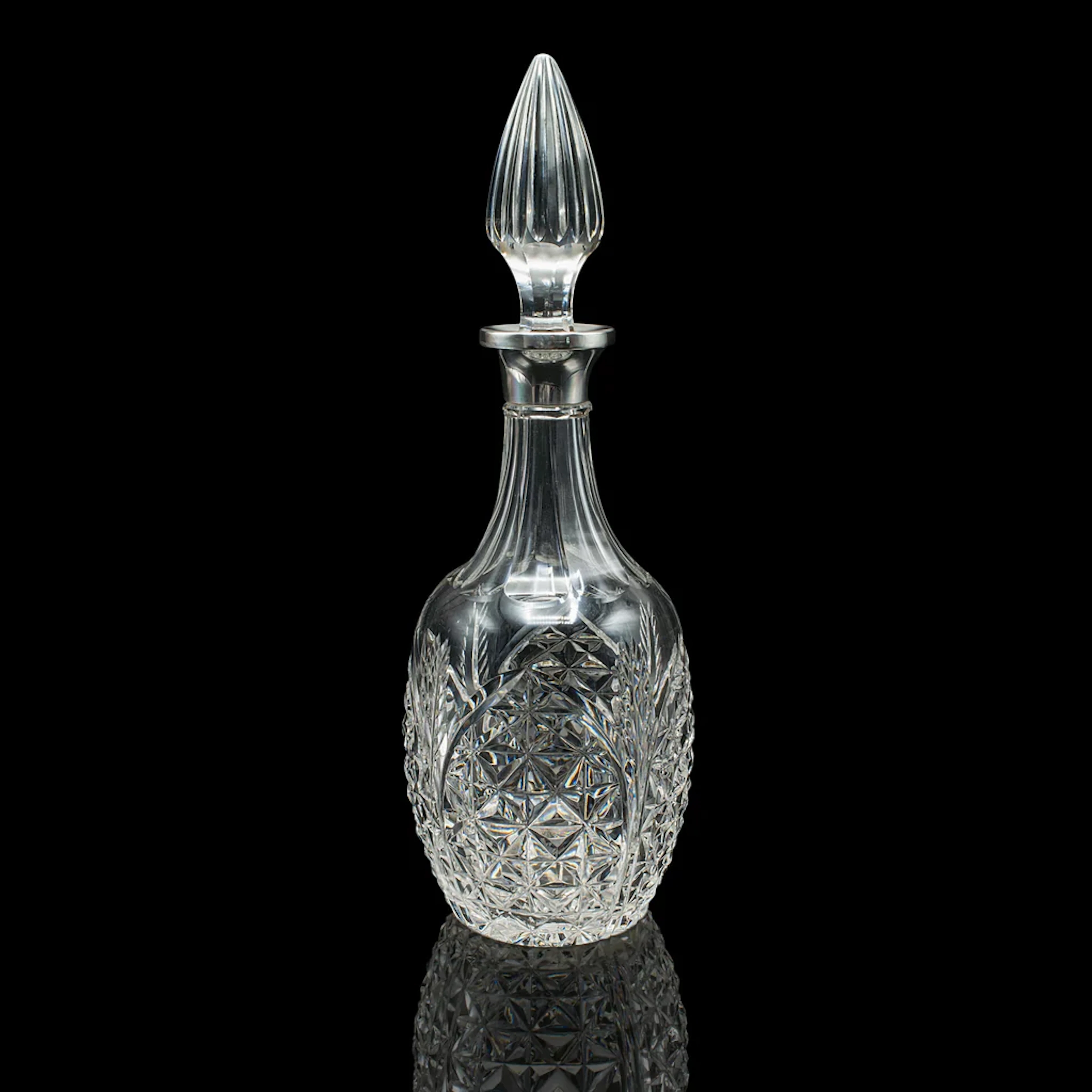 Vintage Whiskey Decanter, English, Cut Glass, Silver, Spirit Vessel, Hallmarked