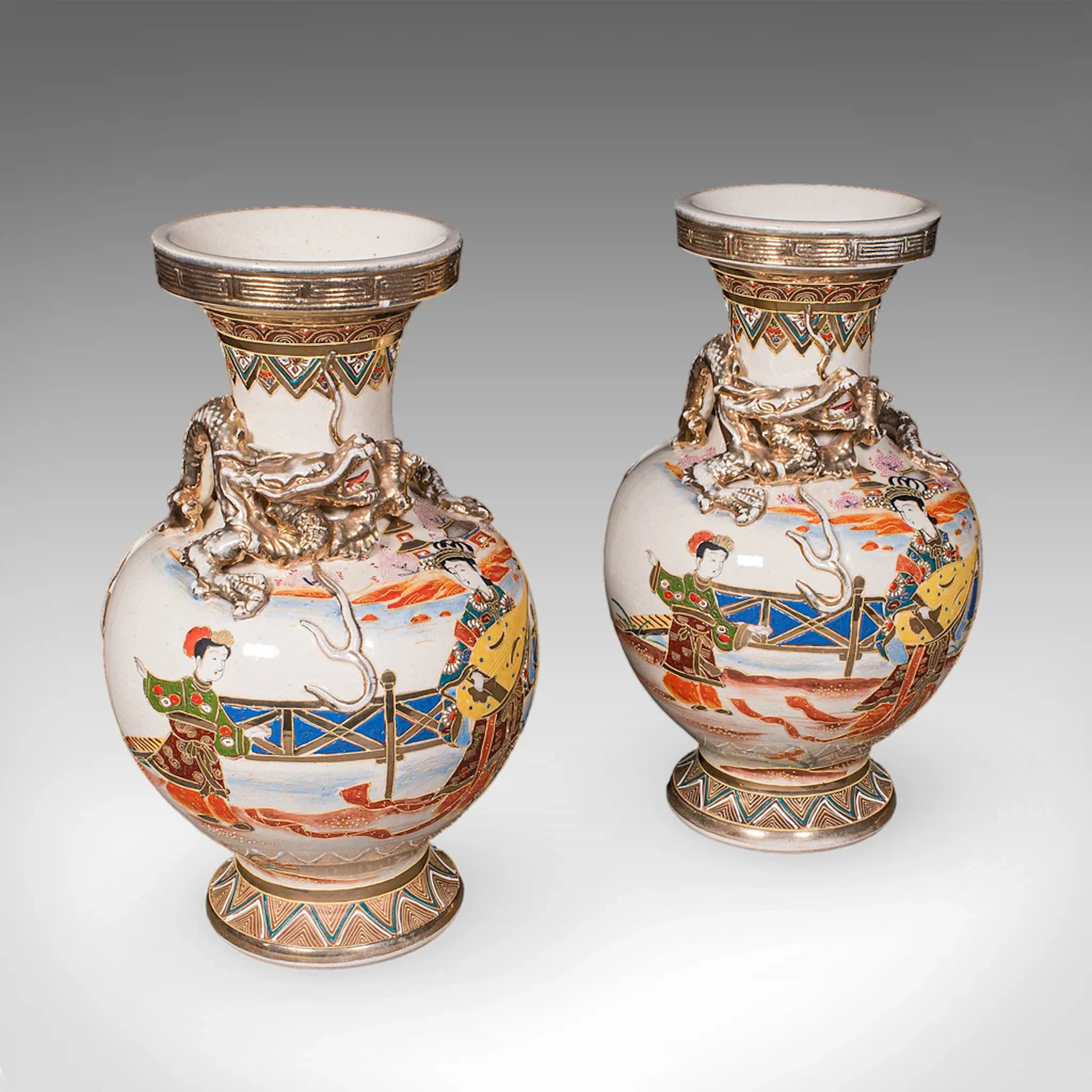 Pair of Antique Satsuma Vases, Japanese, Ceramic Baluster, Meiji